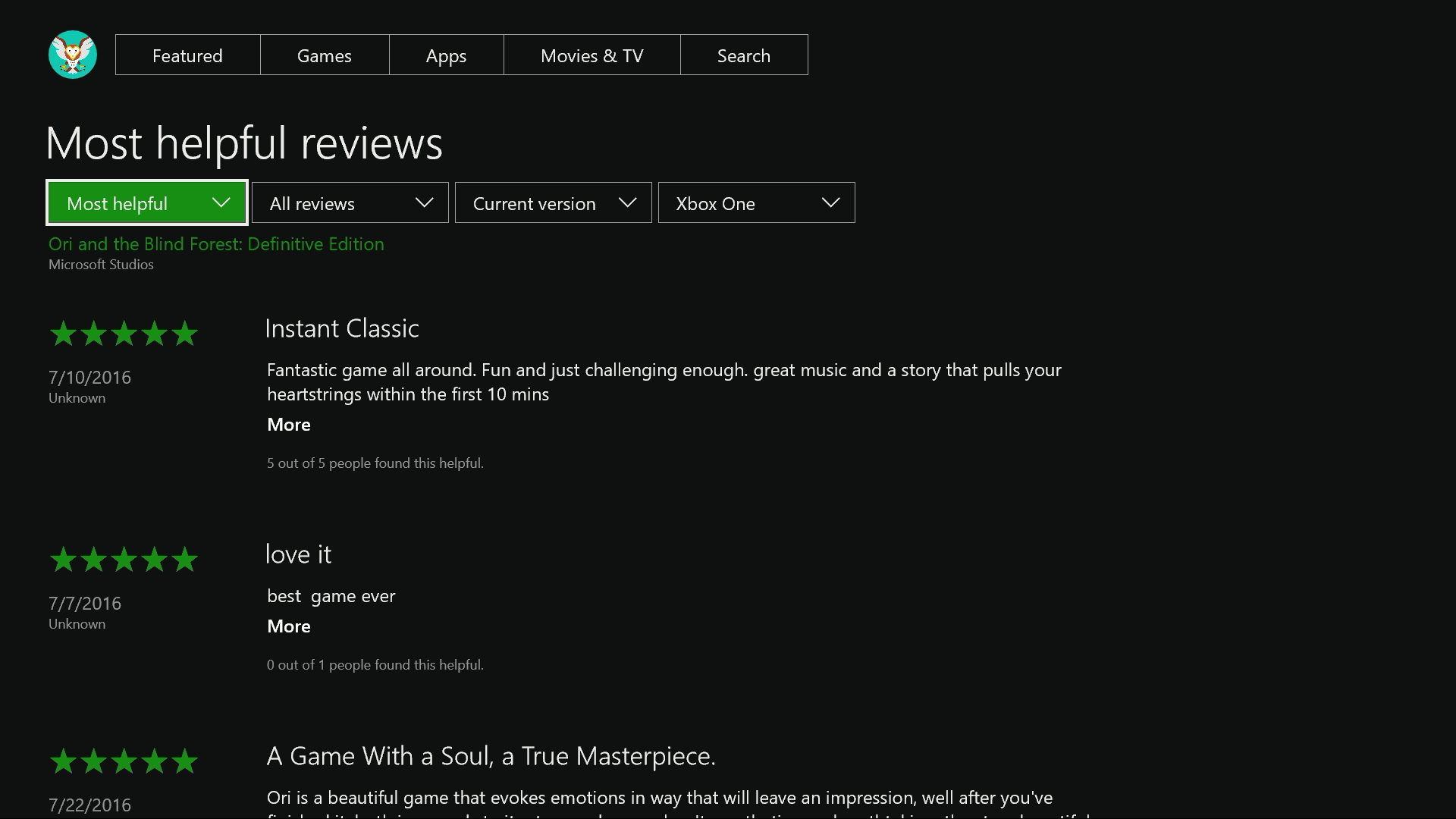 Xbox Dashboard Showcasing User Reviews in the Store