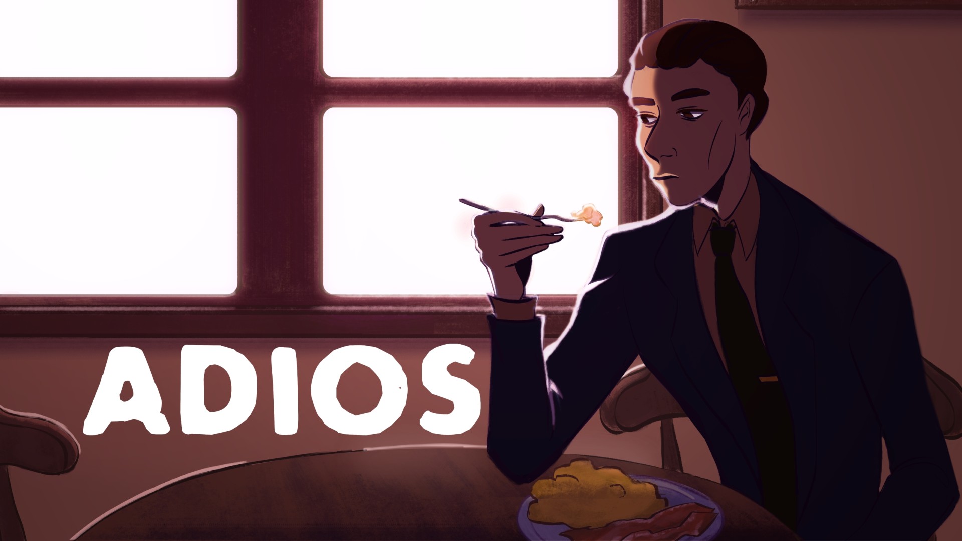 Das Hauptmotiv für Adios, das die Hauptfigur an einem Tisch sitzend beim Frühstück zeigt