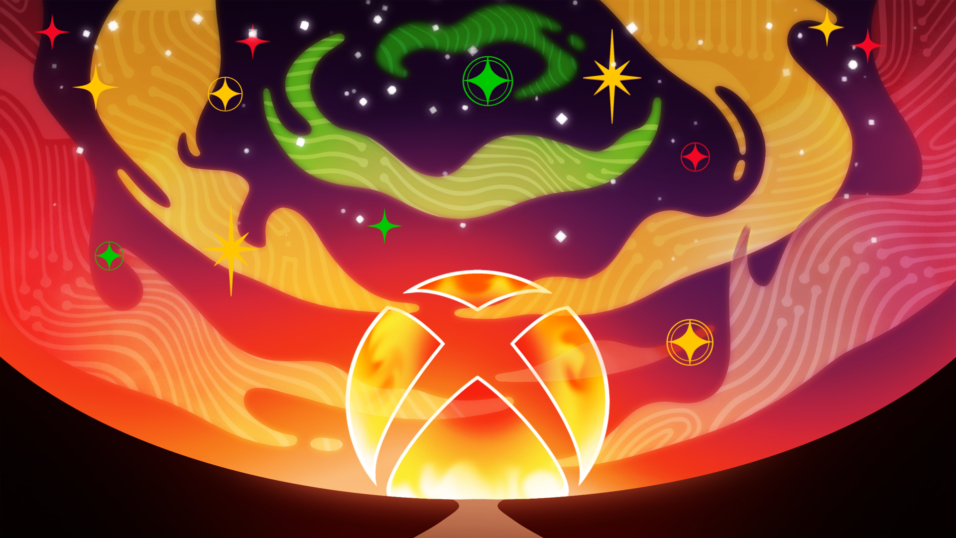 Das stilisierte Xbox-Logo zur Feier des Black History Month mit einem Xbox-Logo mit einem roten und orangefarbenen Sonnenuntergang über einem braunen und schwarzen Silhouettenweg auf einem Hintergrund mit roten, gelben und grünen Sternen und Wolken mit einem hellen Computer-Mainboard-Muster.