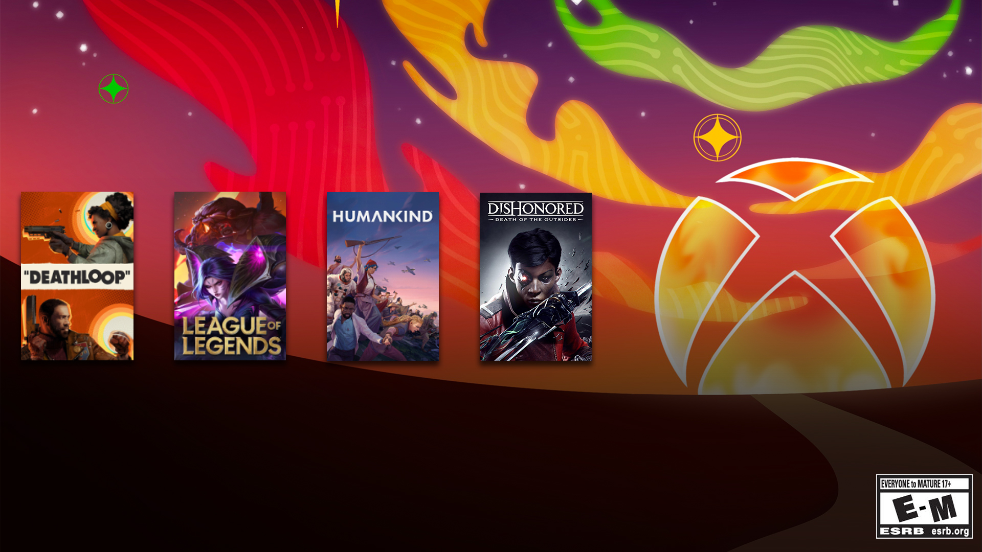 Das Xbox-Logo wurde zur Feier des Black History Month stilisiert und zeigt einen Nexus mit einem roten und orangefarbenen Sonnenuntergang. Im Vordergrund sind Verpackungen von Deathloop, League of Legends, Humankind und Dishonored: Death of an Outsider platziert.