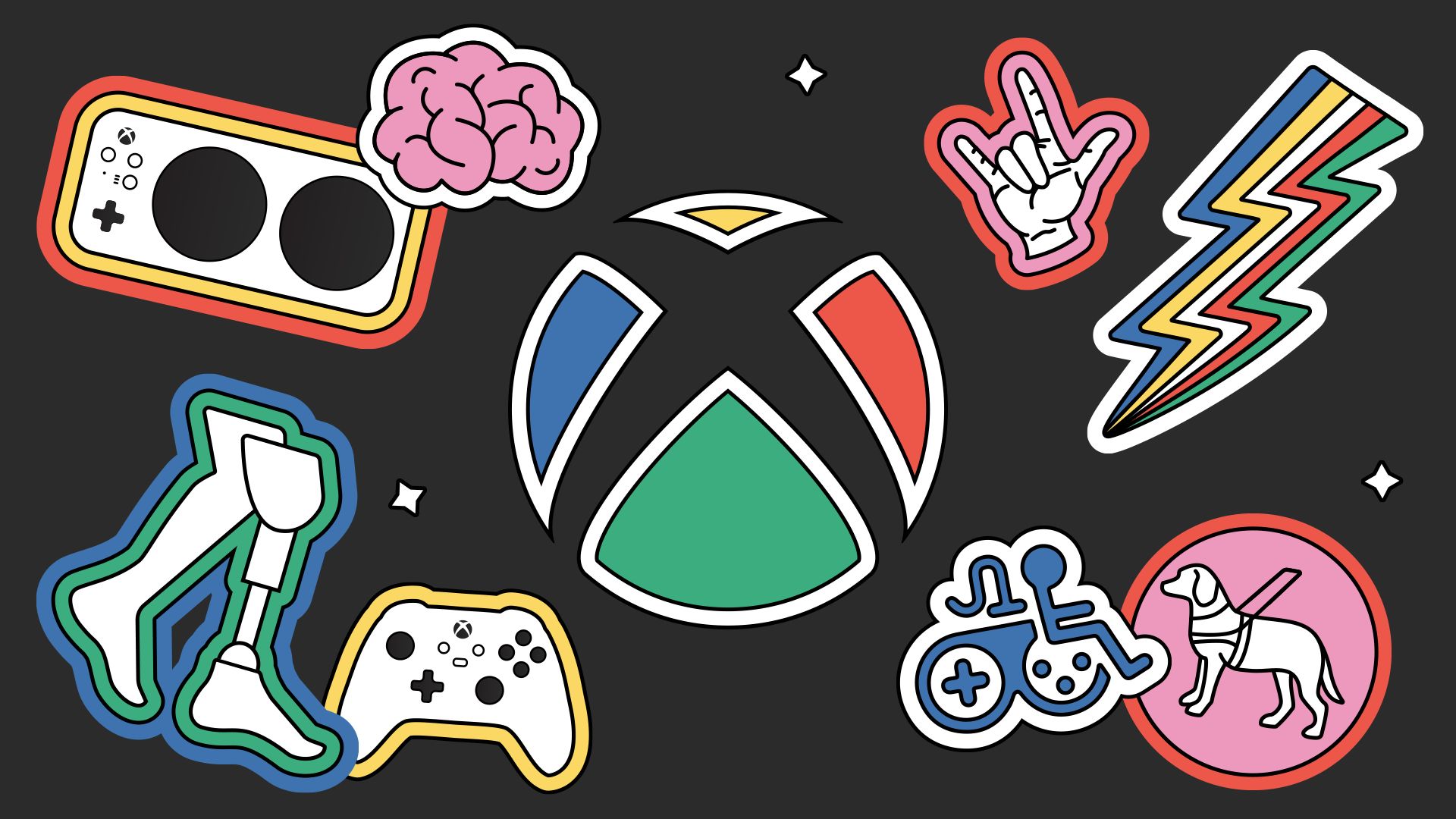 HERO: Das Xbox-Logo befindet sich auf einem schwarzen Hintergrund, der von folgenden Symbolen umgeben ist: dem Xbox Adaptive Controller, einem Gehirn, dem amerikanischen Gebärdensprachzeichen für "Ich liebe dich", einem mehrfarbigen Blitz, einem Rollstuhl, einem Blindenhund, einer Beinprothese und dem Original Xbox Controller.