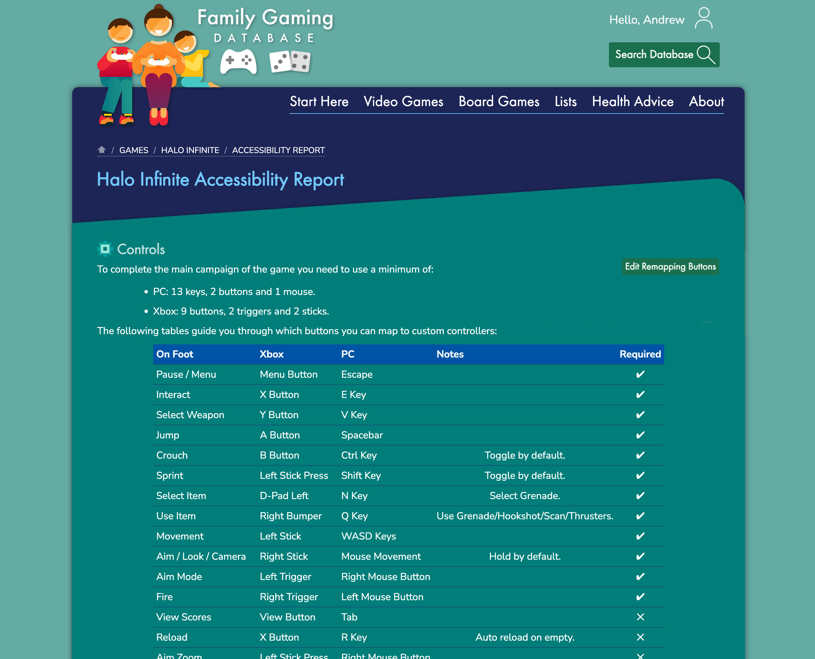 Ein Screenshot der Family Gaming Database mit einem Menü, das den Halo Infinite Accessibility Report anzeigt.