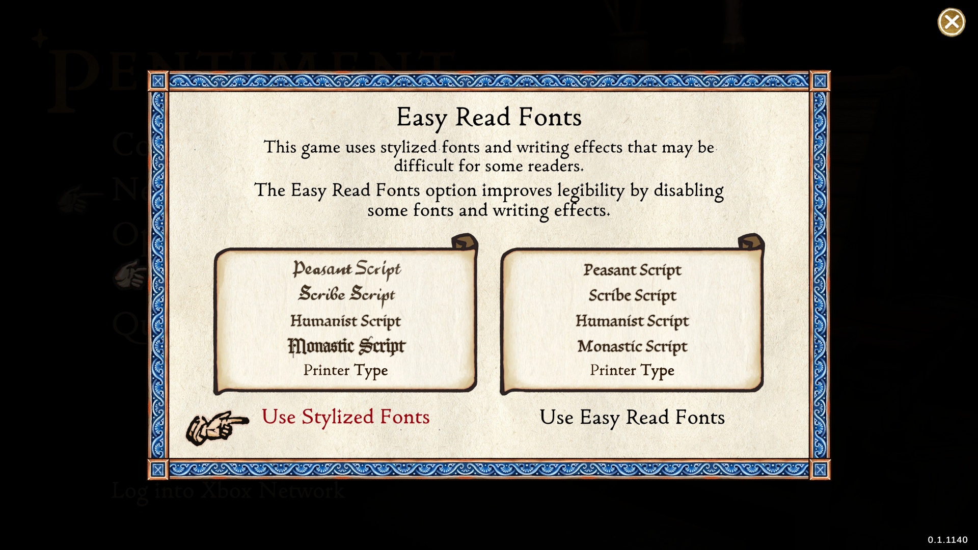 Eine Menü-Anzeige im Spiel, in der die Optionen "Stilisierte Schriften" und "Einfach zu lesende Schriften" in Pentiment verglichen werden.