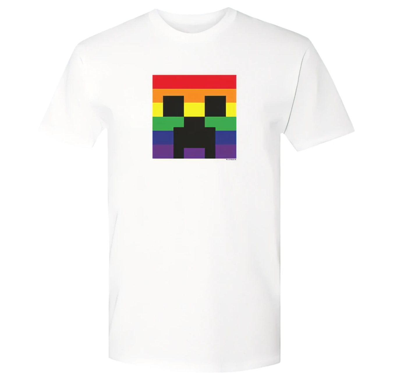 Weißes T-Shirt mit einem Creeper-Gesicht aus Regenbogenfarben