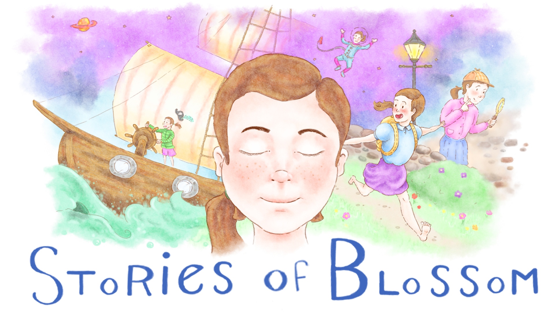 Auf dem Titelbild von Stories of Blossom ist ein Mädchen mit geschlossenen Augen zu sehen, das sich verschiedene Geschichten ausdenkt: Links befindet sie sich auf einem Piratenschiff, darüber schwebt sie im Weltraum, daneben läuft sie einen Hügel hinunter, gefolgt von einer Szene neben einer Straßenlaterne, in der Sie eine Lupe zu halten scheint.