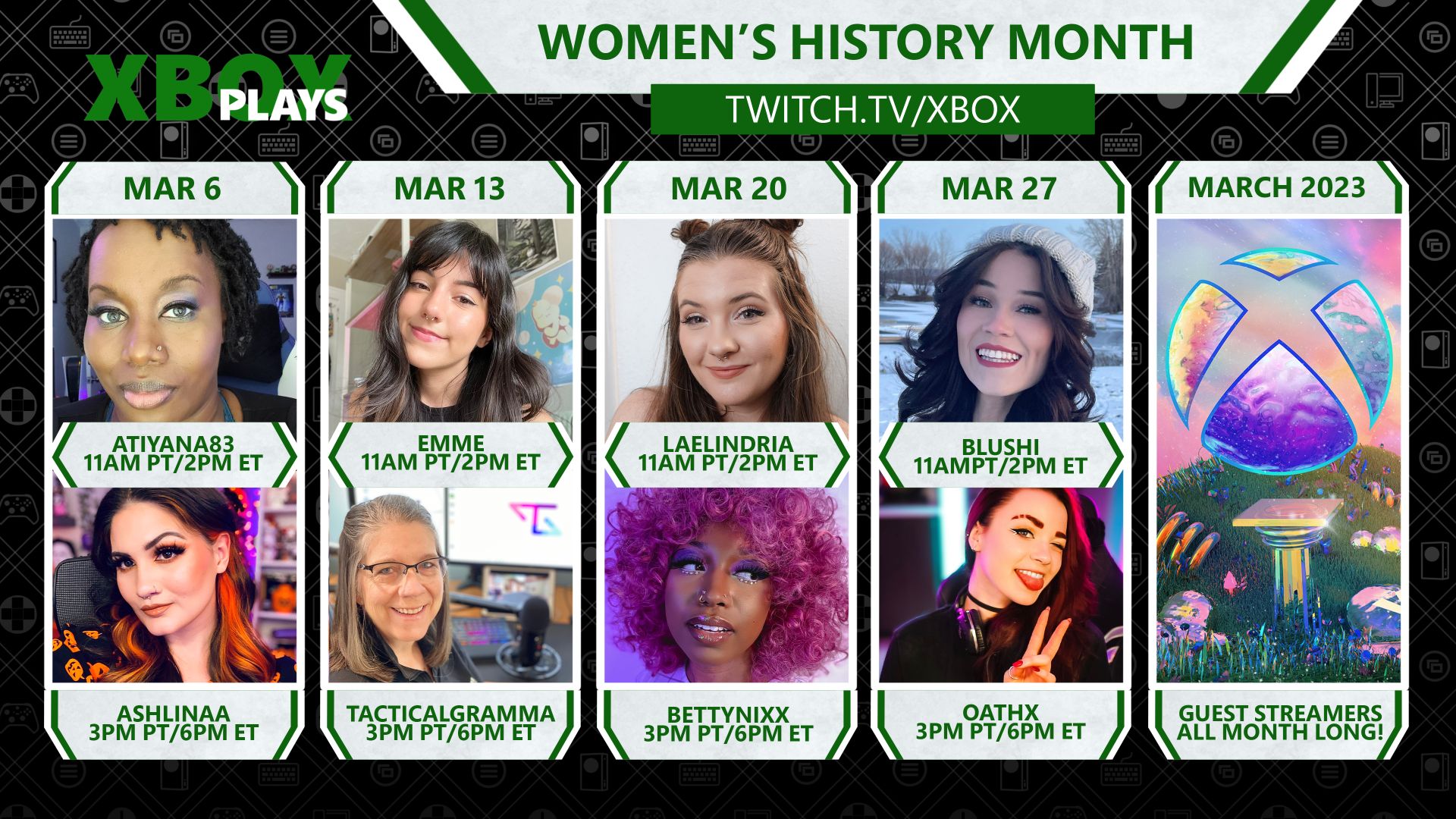 Ein Bild mit den Kacheln acht weiblicher Gamer*innen auf Xbox Plays anlässlich des Women's History Month unter twitch.tv/xbox