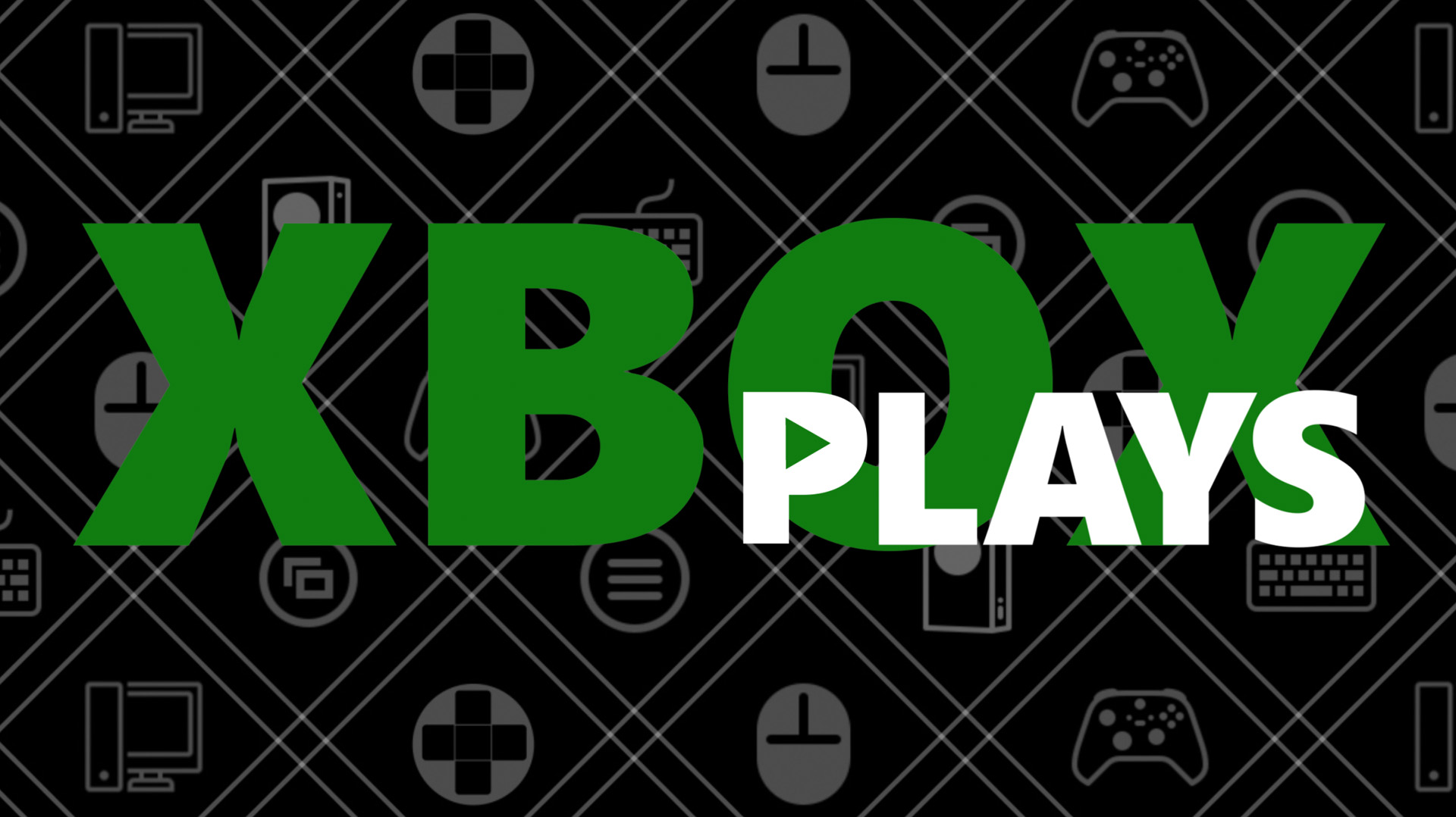 Das Xbox Plays-Logo vor einem gemusterten Hintergrund mit stilisierten Xbox-Controllern, Tasten und PC-Zubehör