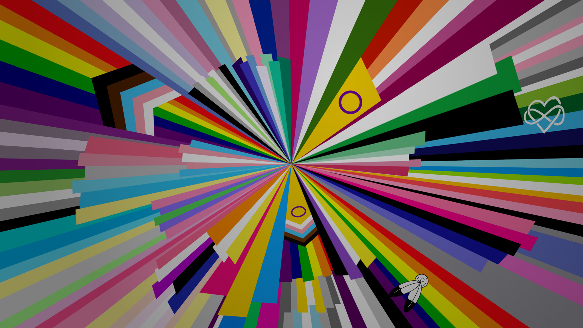 Regenbogenfarbener Hintergrund mit verschiedenen Pride-Flaggen in einem radialen Muster.