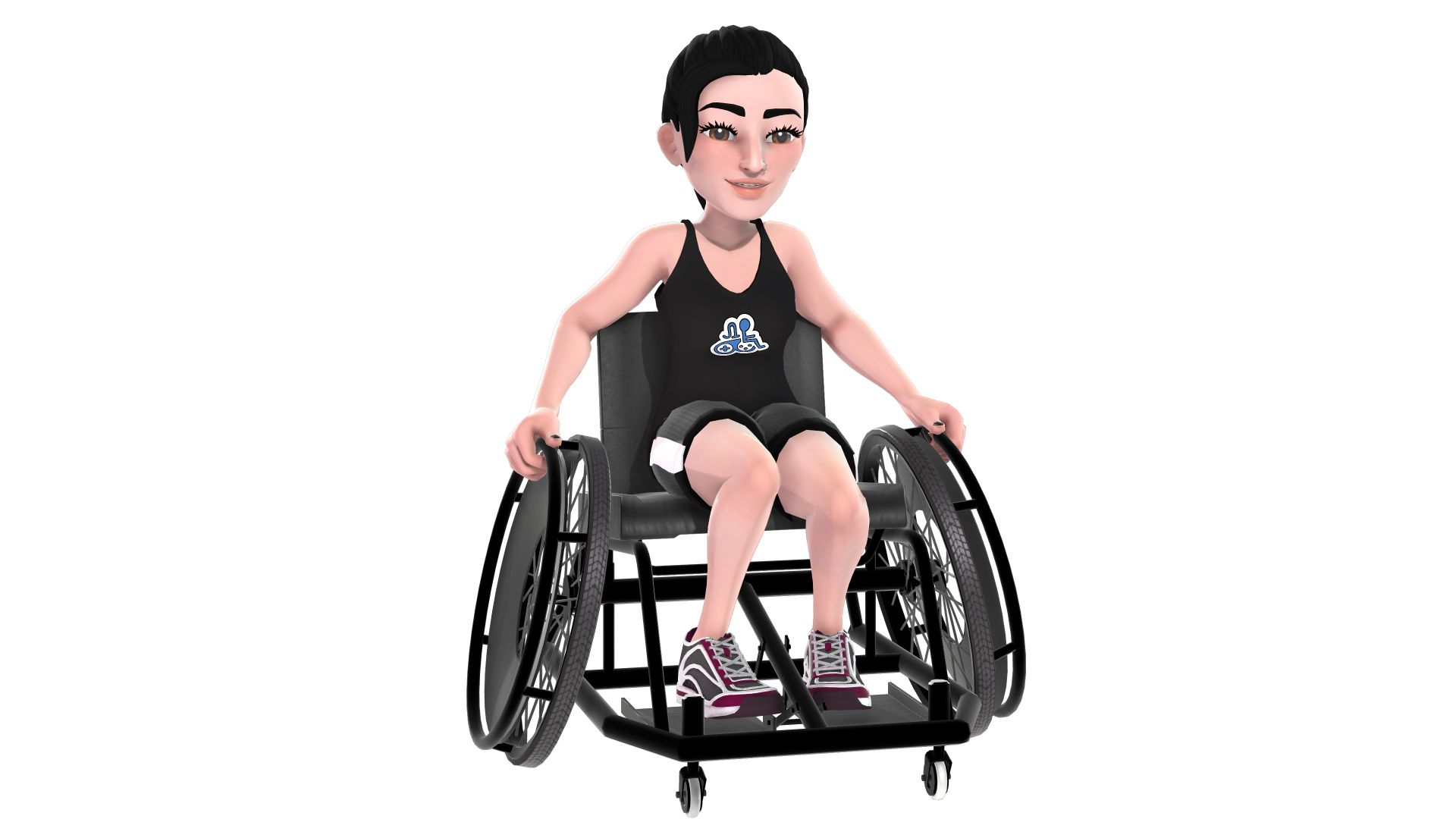 Eine hellhäutige Frau als Xbox-Avatar, die im Rollstuhl sitzt und ein schwarzes Tank-Top mit dem Logo der Disability Pride-Kugel und schwarze Shorts trägt.
