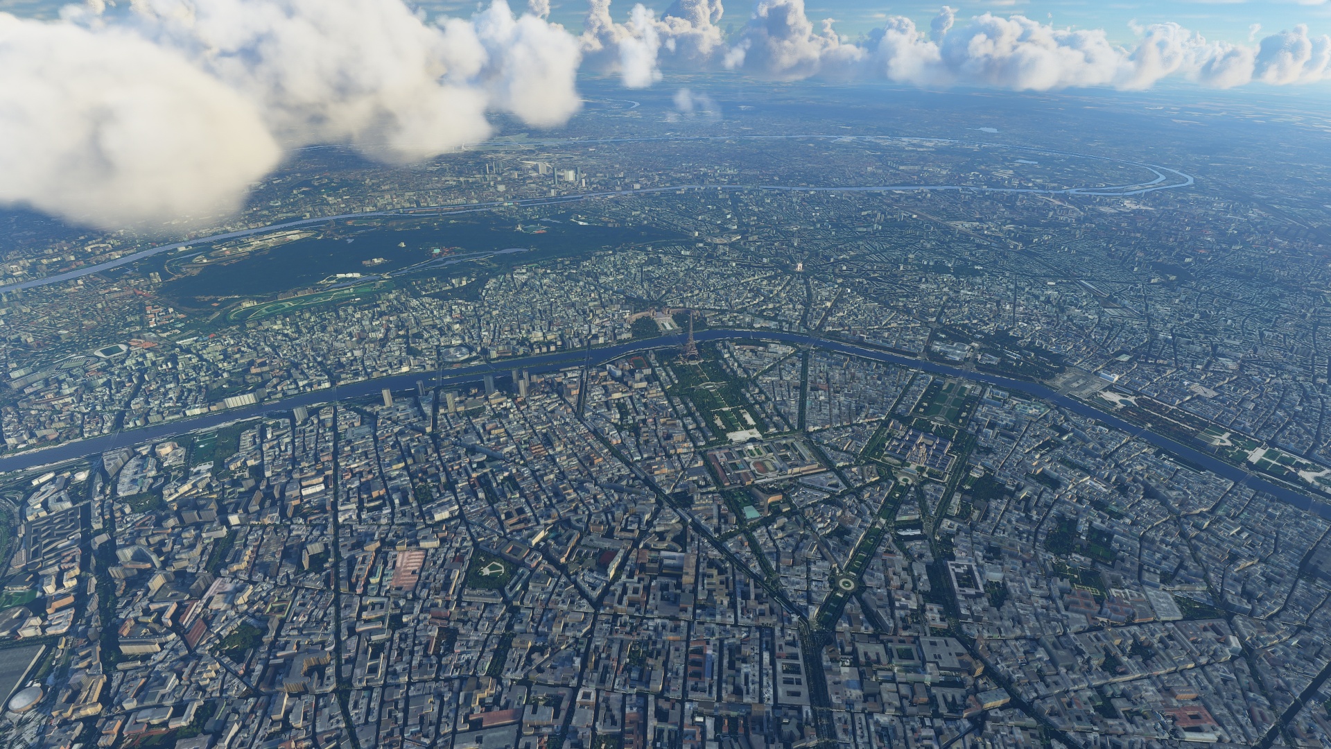 Vista aérea de cidade no Flight Simulator.