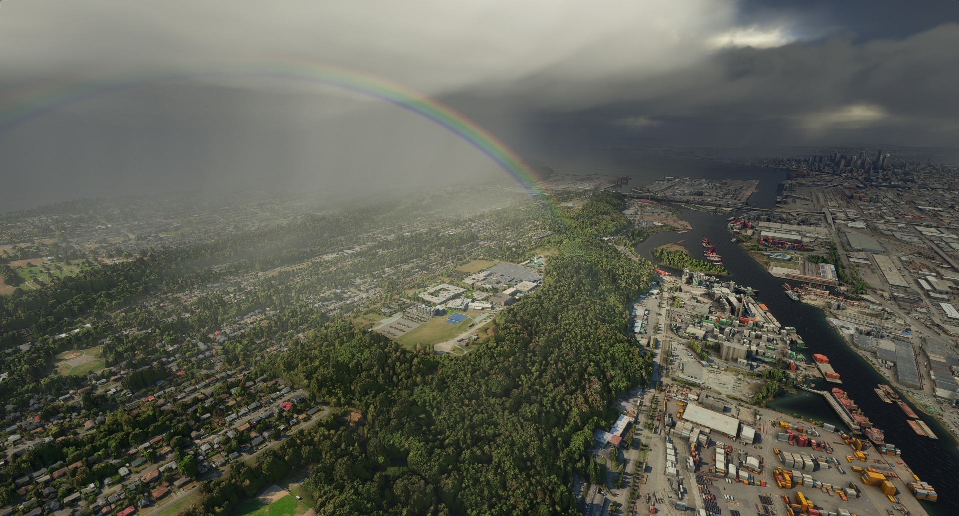 Vista aérea com arco-íris.