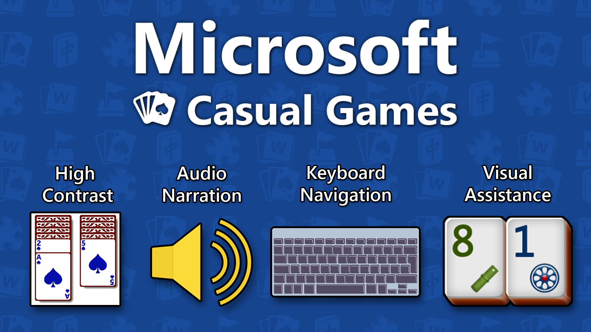 The Microsoft Casual Games logo with four graphics representing High Contrast, Audio Narration, Keyboard Navigation, and Visual Assistance.