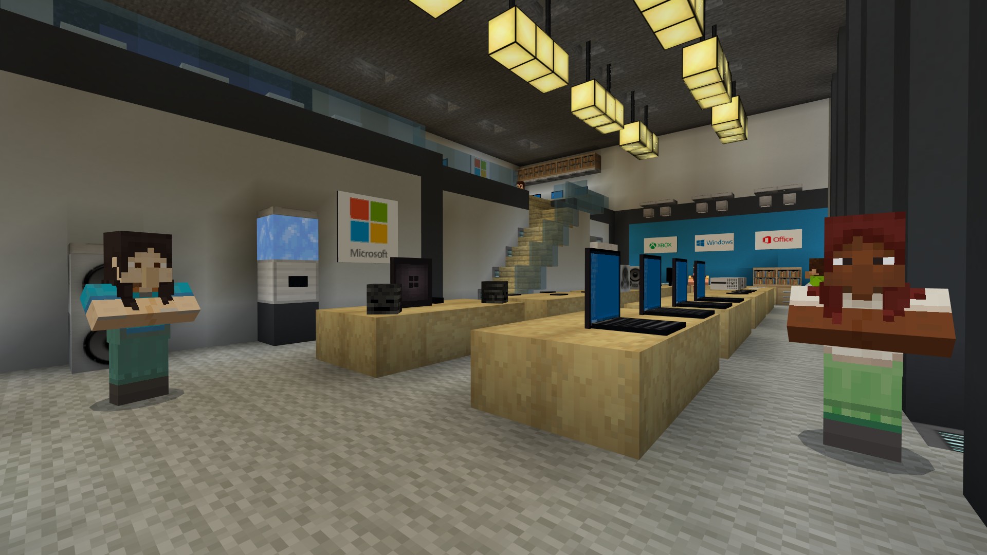 Two female NPCs face viewer to welcome them to Minecraft Offices re-created in Minecraft.