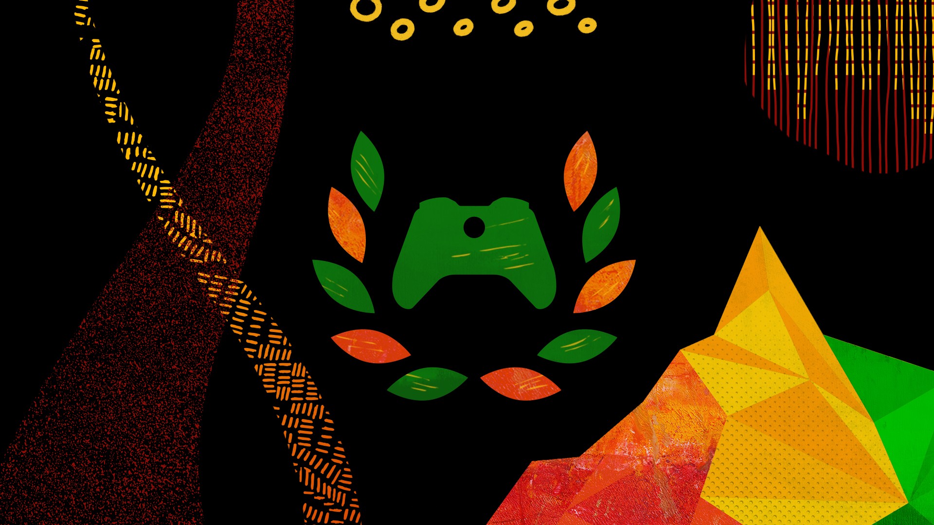 The Xbox Ambassadors logo painted in green and orange overlaid on top of a black background with various patterns colored red, yellow, orange and green stretching across the background.