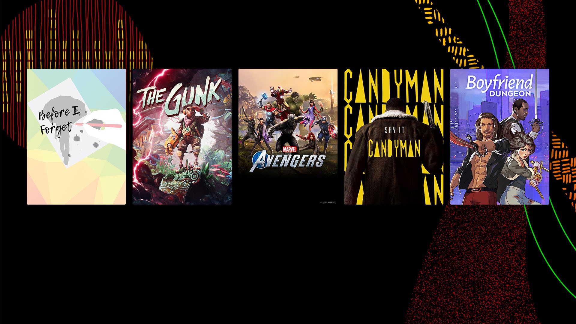 Games and movies including Before I Forget, The Gunk, Marvel's Avengers, Candyman, and Boyfriend Dungeon.