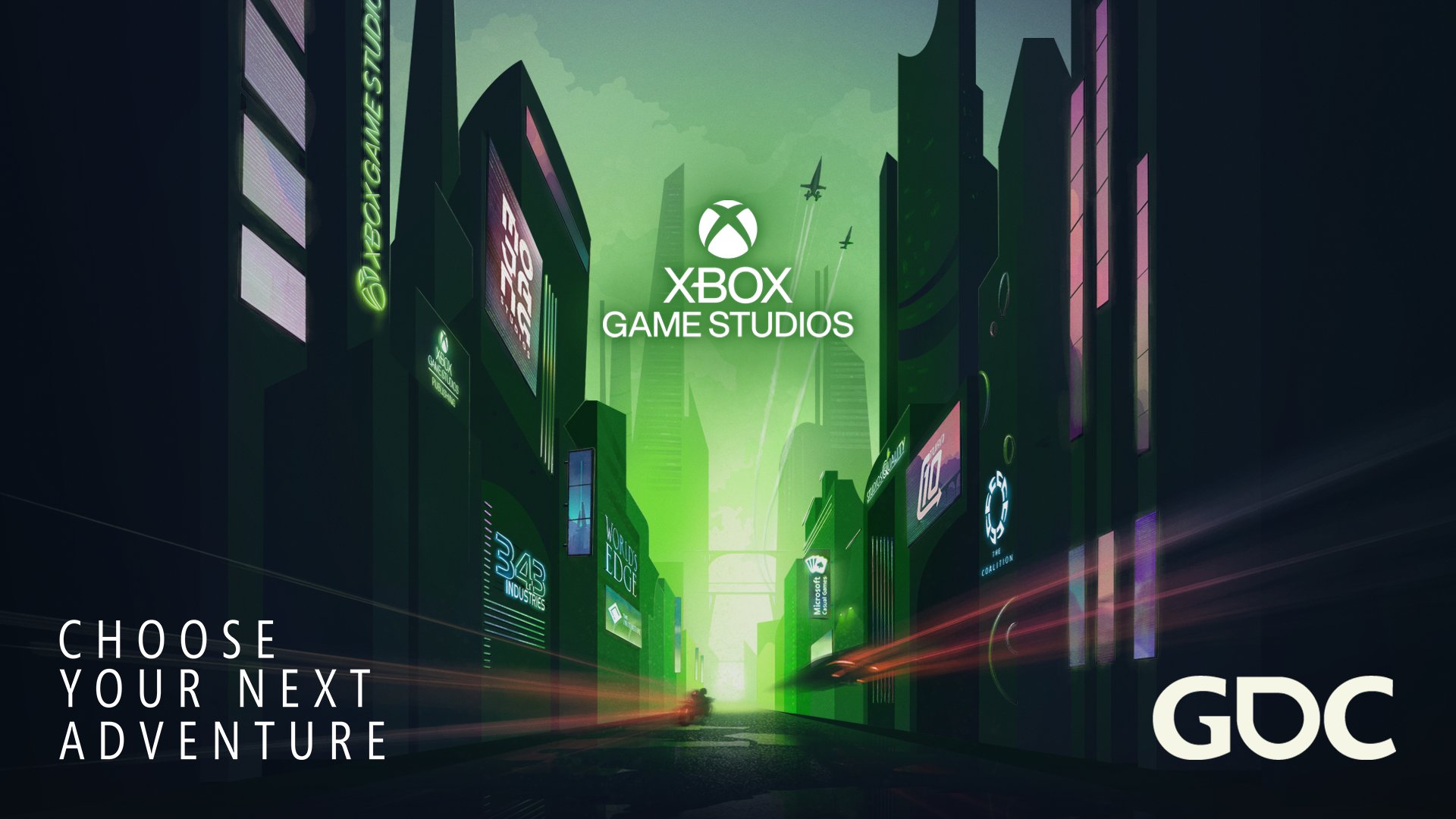 High-contrast futuristic cityscape featuring flying car and flying motorcycle at high speed between tall building exhibiting neon logos from first-party Xbox Game Studios, including 343, Mojang, The Coalition, Turn 10, Xbox Game Studios Publishing, World’s Edge, Microsoft Casual Games and The Initiative, with Xbox Game Studios logo sitting in sky horizon.