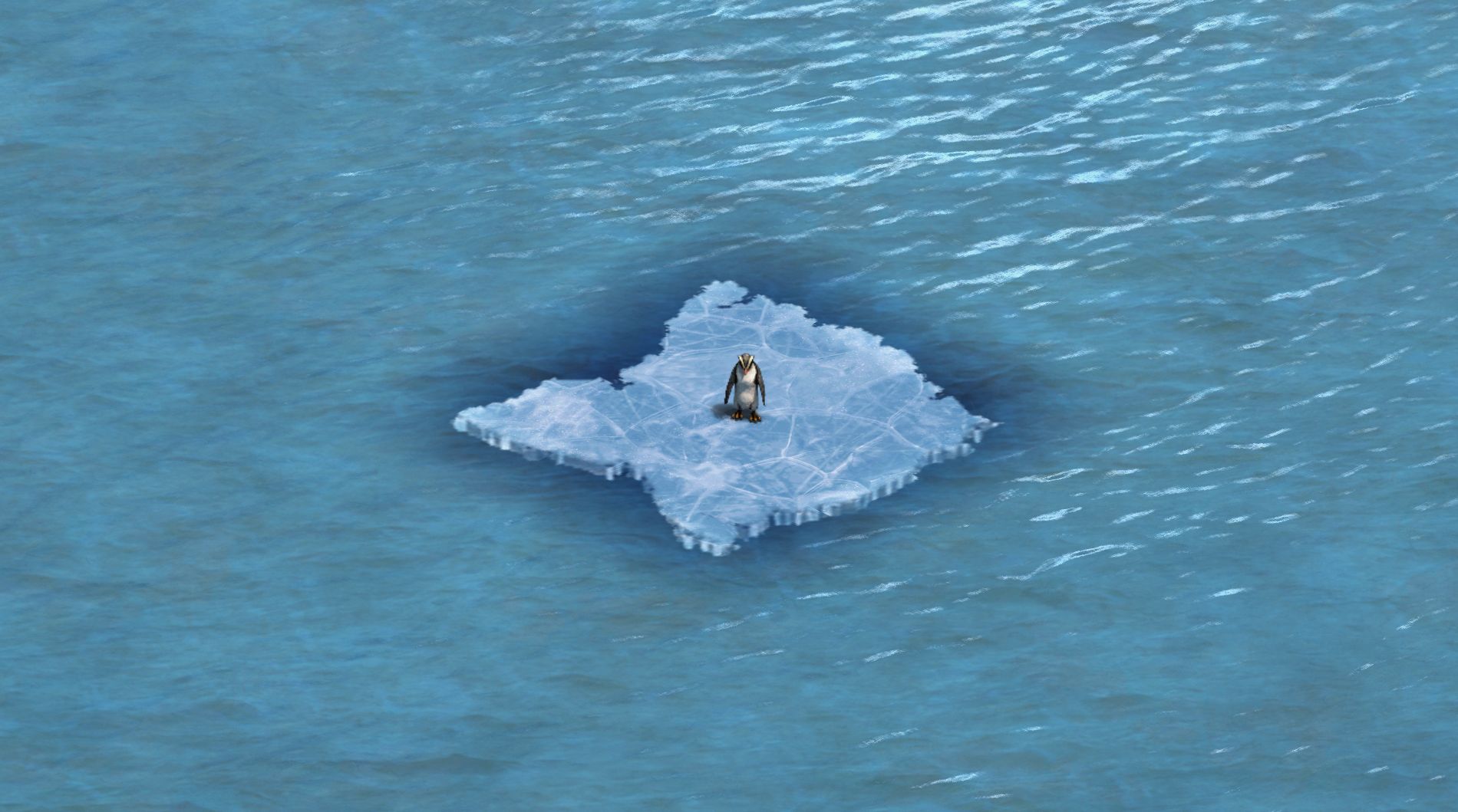 Single penguin sitting on an iceberg surrounded by water captured from Age of Empires II: Definitive Edition game engine.