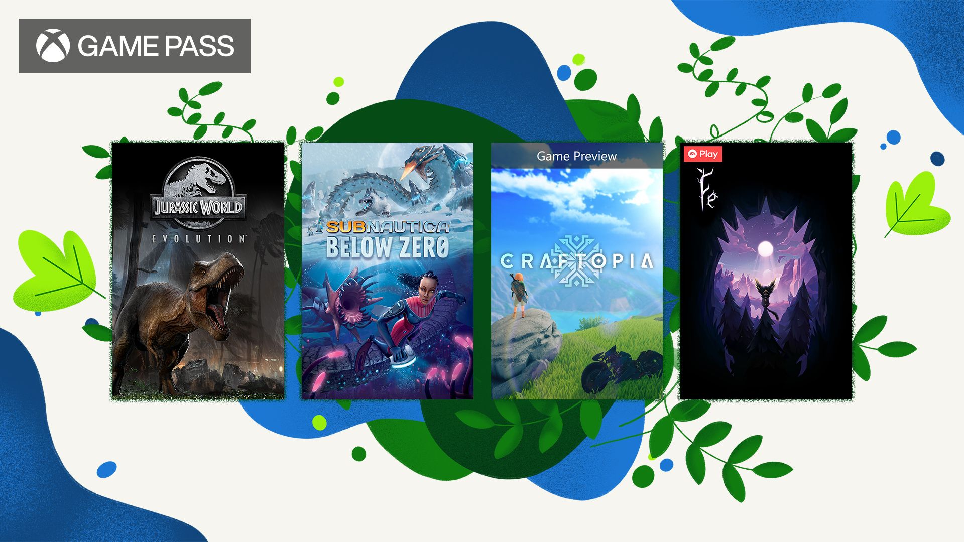 A picture containing four popular video games: Jurassic World Evolution, SubNautica: Below Zero, Craftopia, and Fe. 