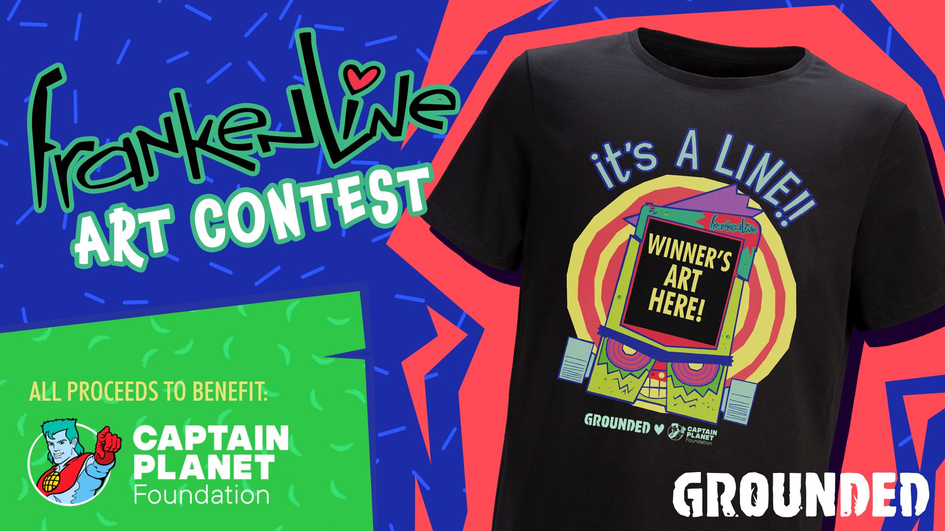 Shirt design shows the in-game Frankenline toy from Grounded with a space left blank for the winning designs to be placed on.