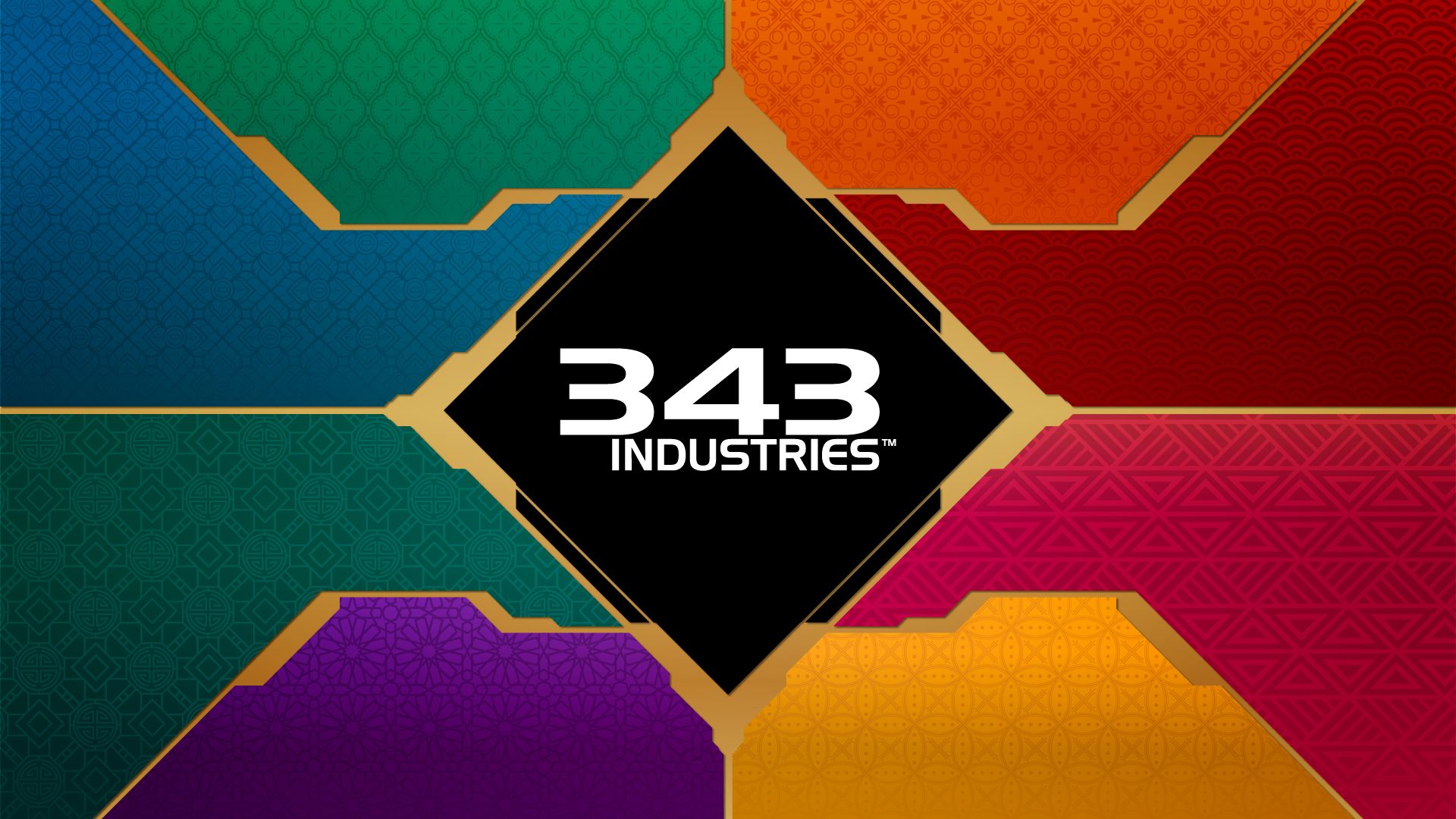 343 Industries logo written in white text surrounded by a black diamond shape, surrounded by the colors blue, green, orange, red and purple with gold accents.
