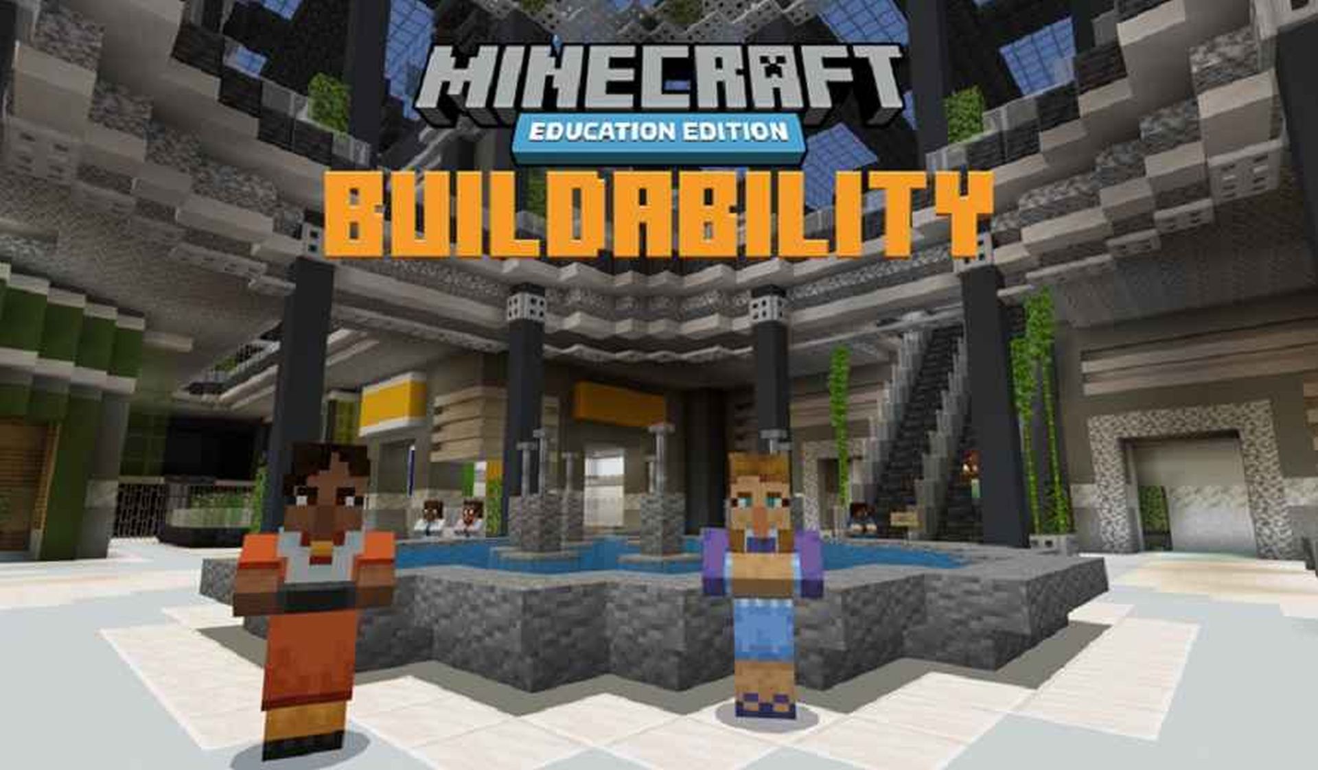 Several blocky characters stand outside a school entrance. The "Minecraft: Education Edition BuildAbility" logo is shown in bold letters.