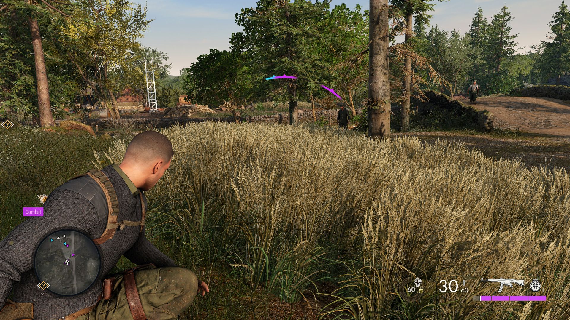 Karl is crouched in a country scene, there are some enemies ahead. The HUD has awareness markers for enemies who have noticed Karl, in blue and purple.