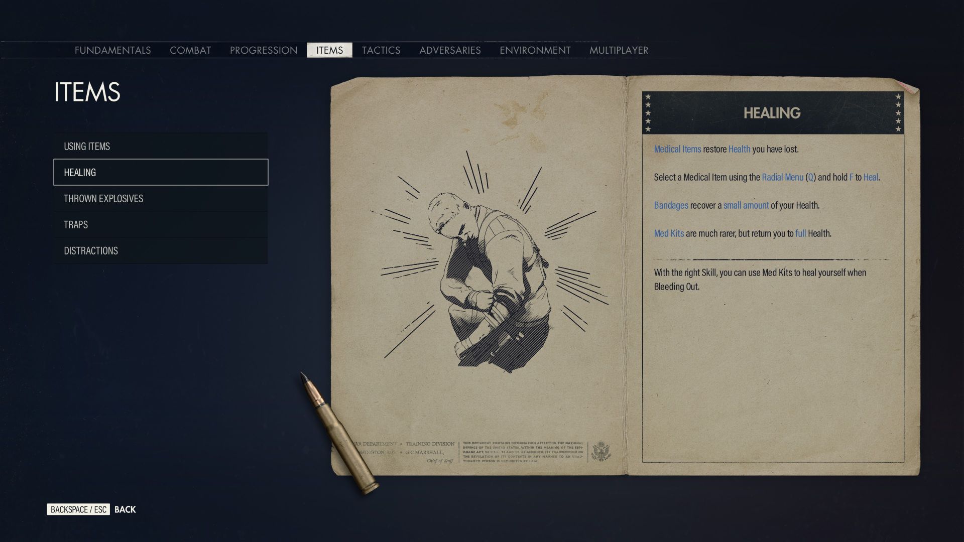 The Tutorials screen, showing Items - Healing. The screen features a booklet-style interface with sketches and text explaining how to heal.