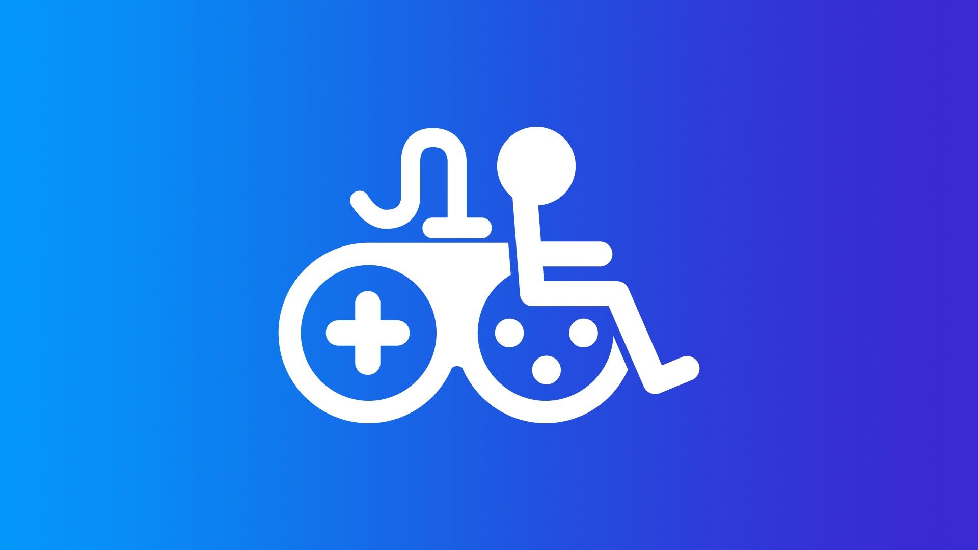 The disability logo, in white, is interwoven with a white game controller against a bright blue background.