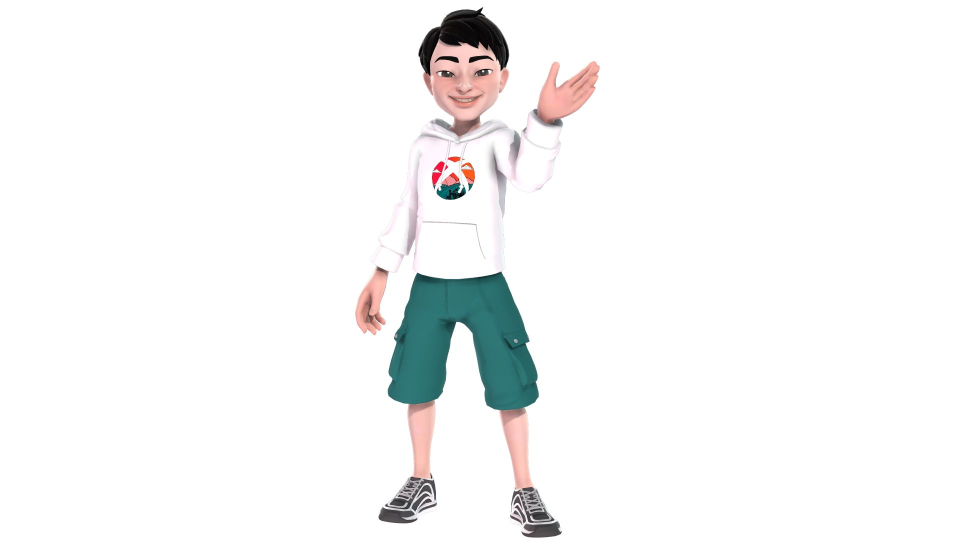 An Xbox avatar wearing a white hooded sweatshirt with the Asian and Pacific Islander logo on the front and green shorts. 