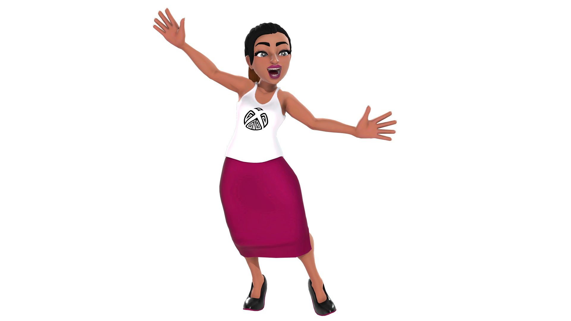 An Xbox avatar wearing a white tank top with the Asian and Pacific Islander logo on the front and a dark pink skirt. 
