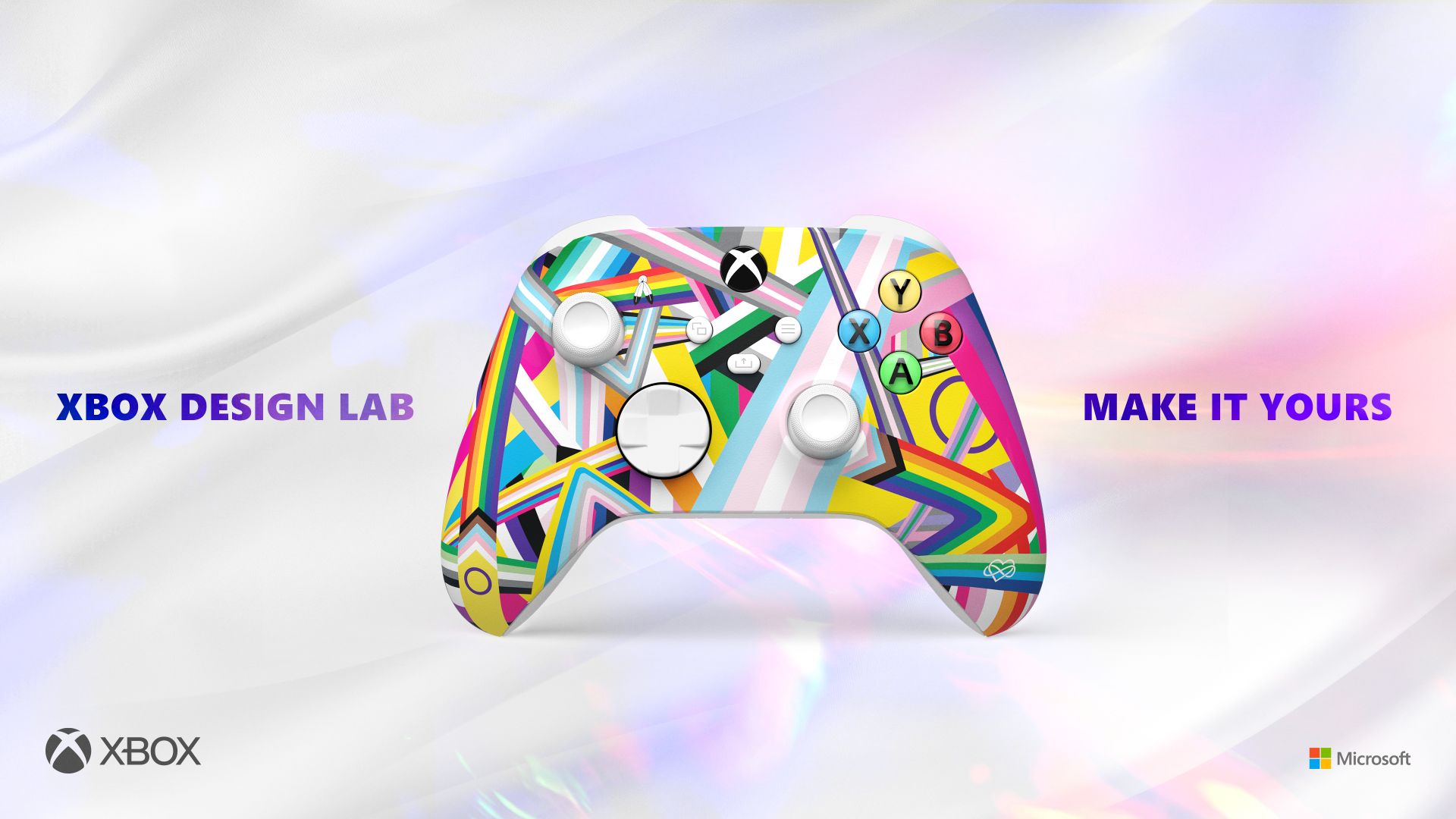 Xbox controller with this year’s Pride top case design, featuring 34 intricately interwoven flags of the LGBTQIA+ communities.