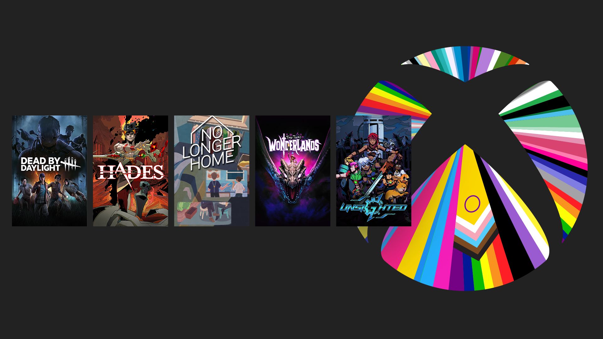 Xbox games image feature game art from Dead by Daylight, Hades, No Longer Home, Tiny Tina’s Wonderland and Unsighted.