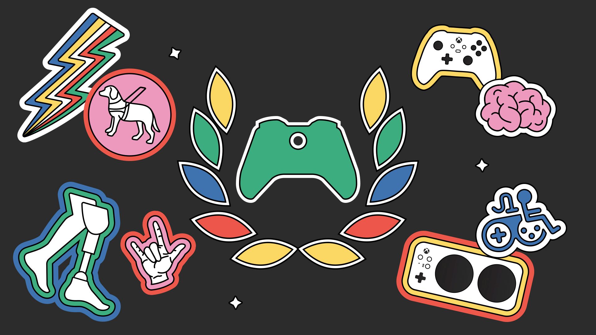 The colorful Xbox Ambassadors logo sits on a black backdrop surrounded by the following icons: the Xbox Adaptive Controller, a brain, the American Sign Language sign for I Love You, a lightning bolt, a wheelchair, a seeing eye dog, prosthetic legs, and the original Xbox controller.