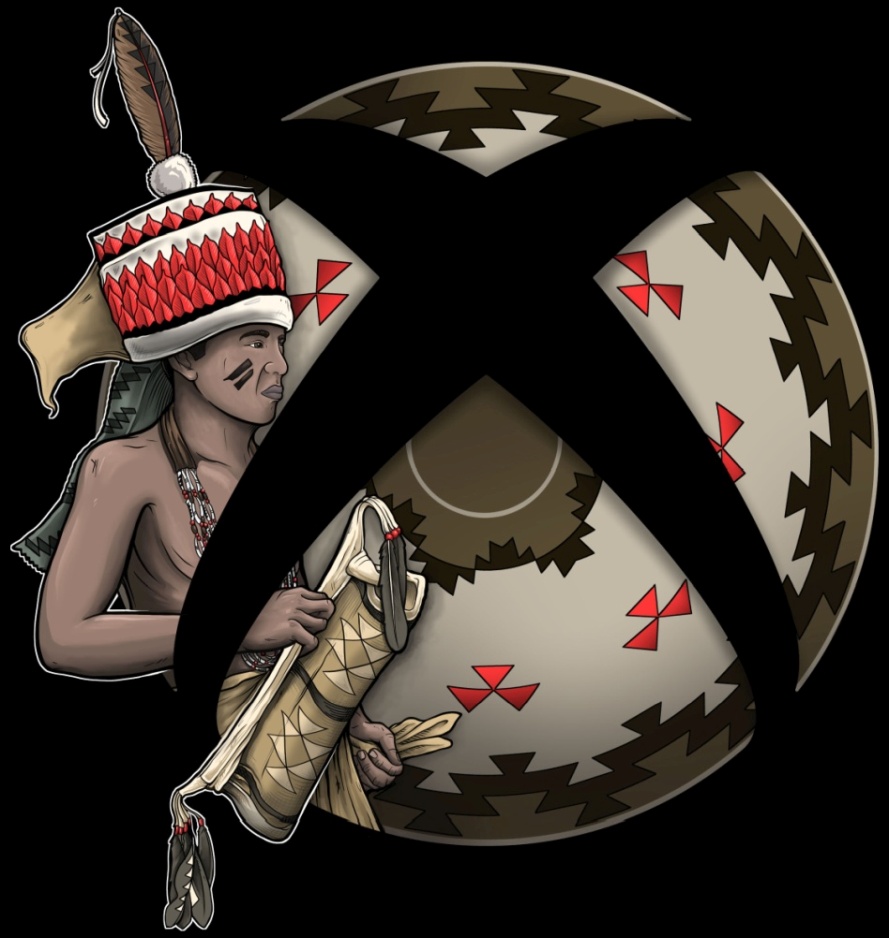 Stylized Xbox logo in brown colors featuring a man in the traditional Yurok style