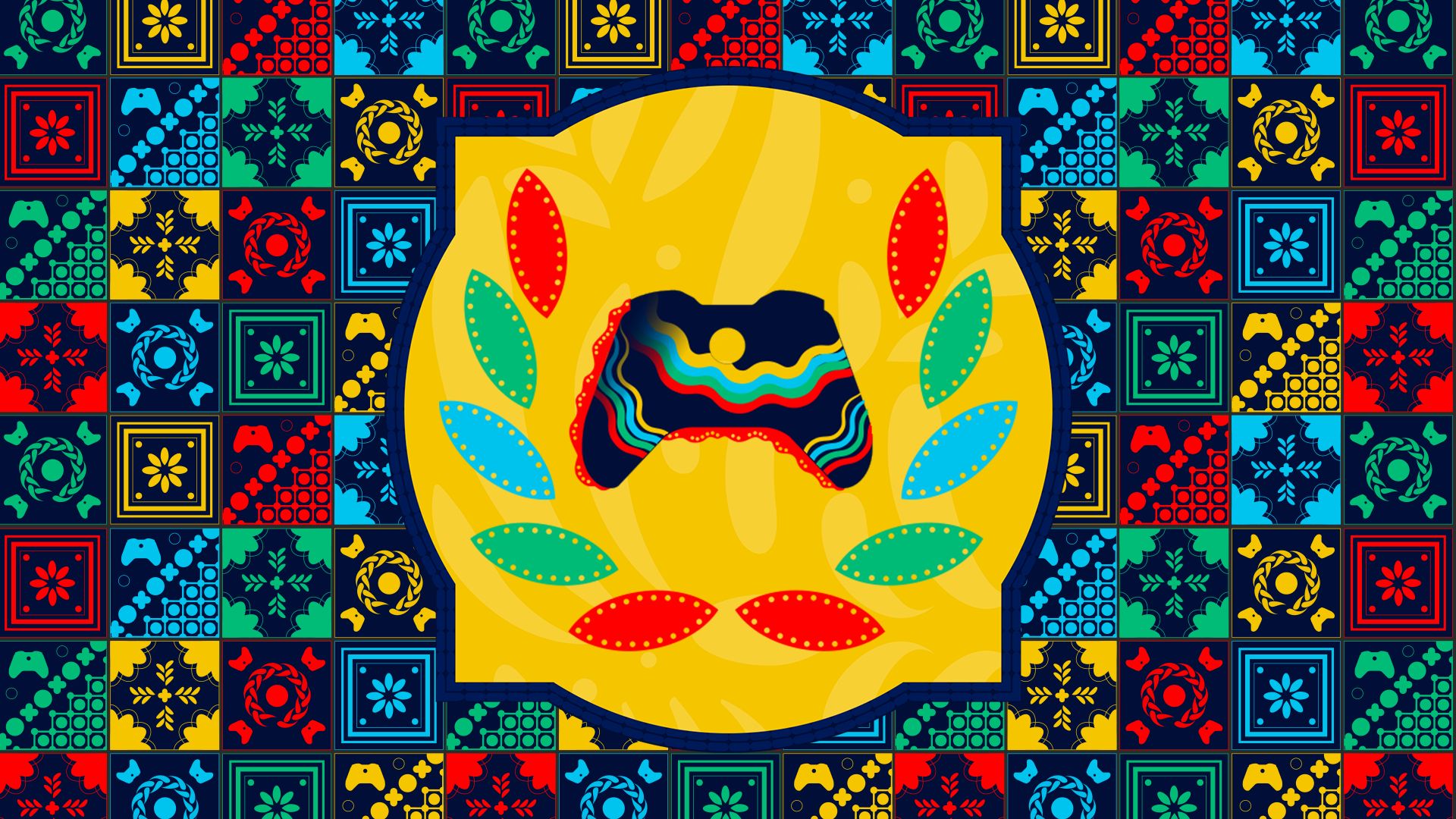 Xbox Ambassadors logo featuring the ruffles and lace of a folklórico dress on a background of red, blue, green, and yellow gamer-themed tiles.