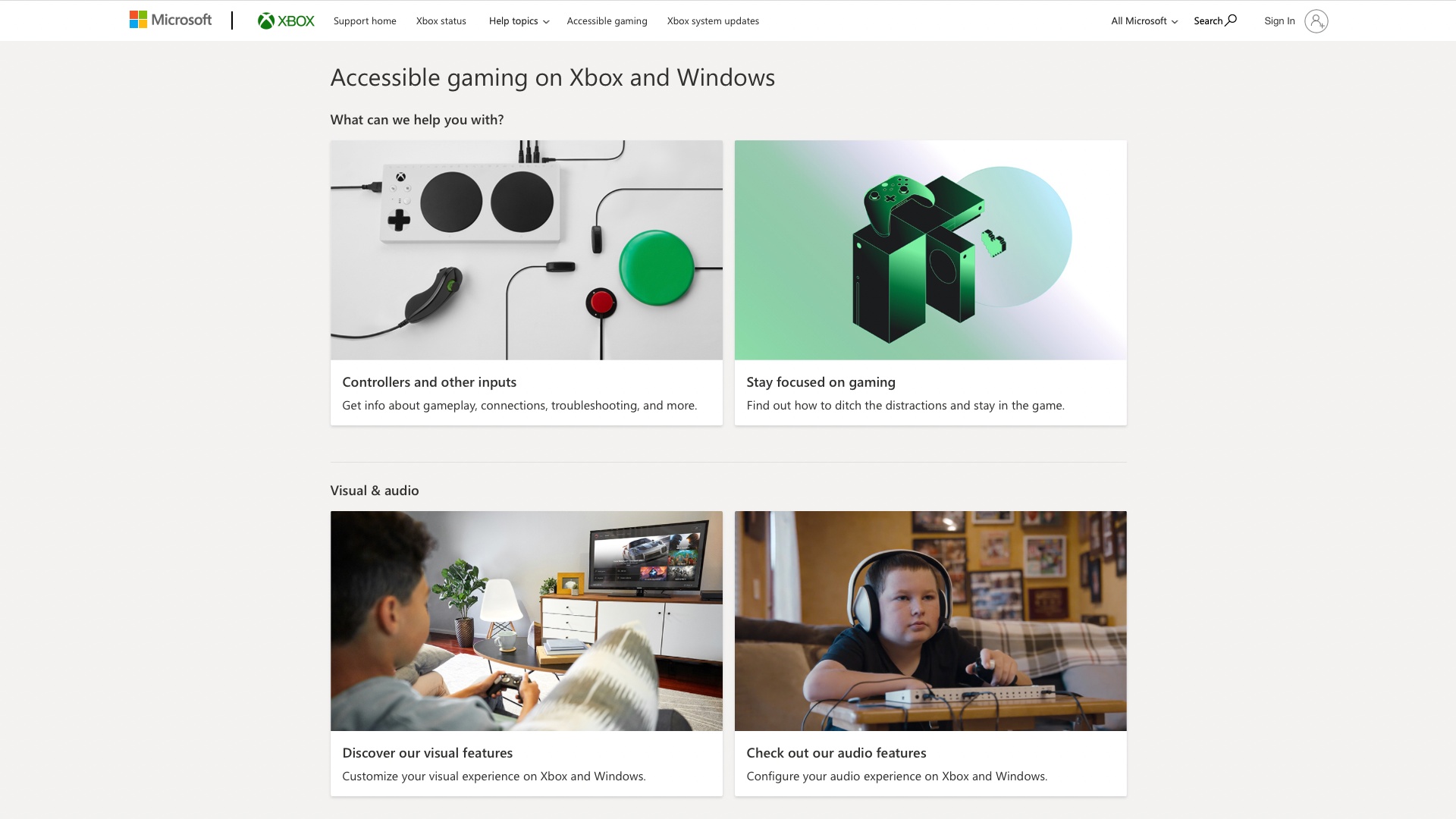 A screenshot of the updated Xbox.Support.com Accessibility site is shown, with a header reading, “Accessible gaming on Xbox and Windows” and a subhead asking, “What can we help you with?” Underneath are four boxes, which users can click on. These include “Controllers and Other Inputs,” “Stay Focused on Gaming,” ”Discover Our Visual Features” and “Check out our Audio Features”