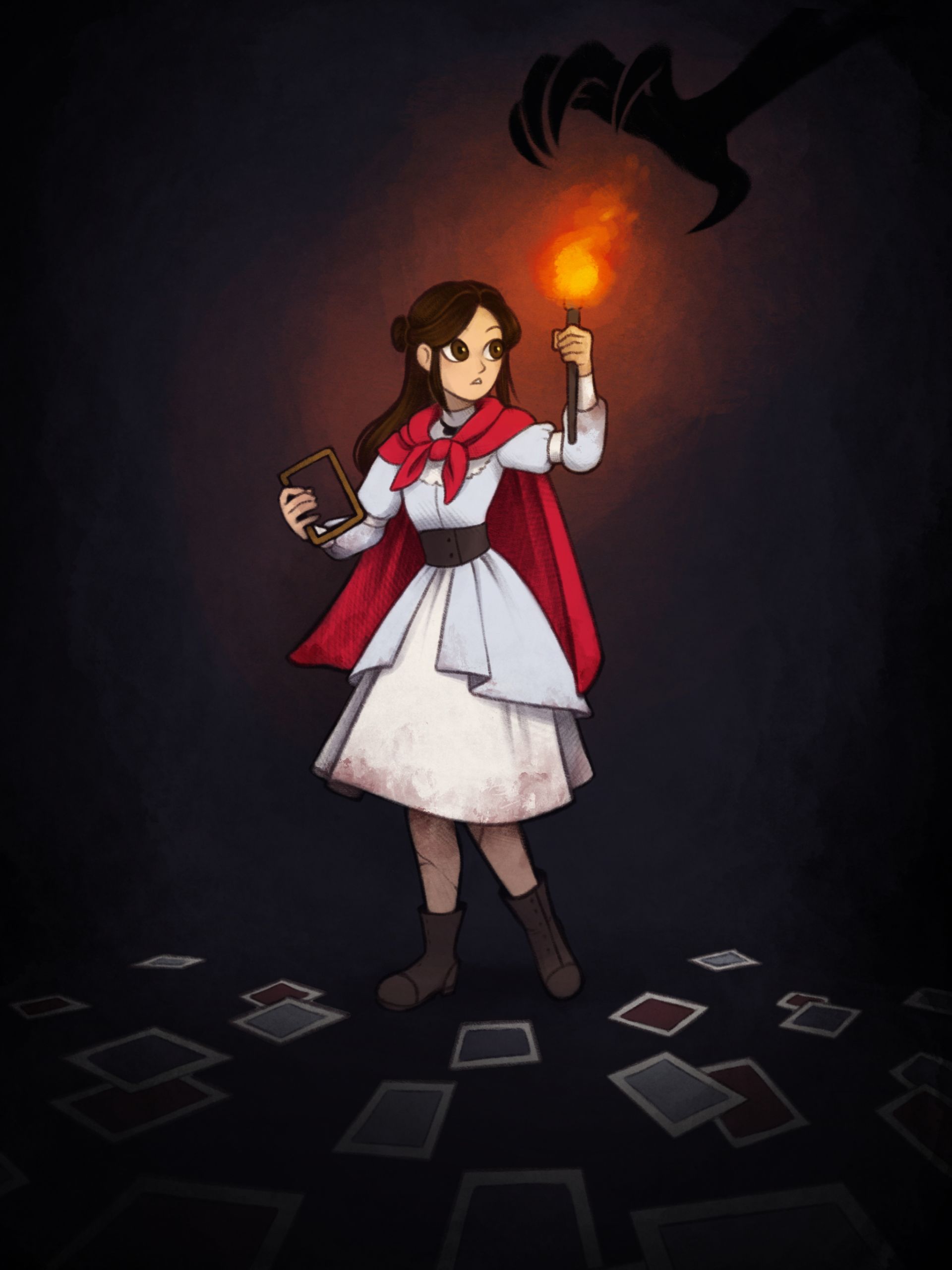 Cartoon image of a young woman holding a torch and wearing a white dress and red cape.