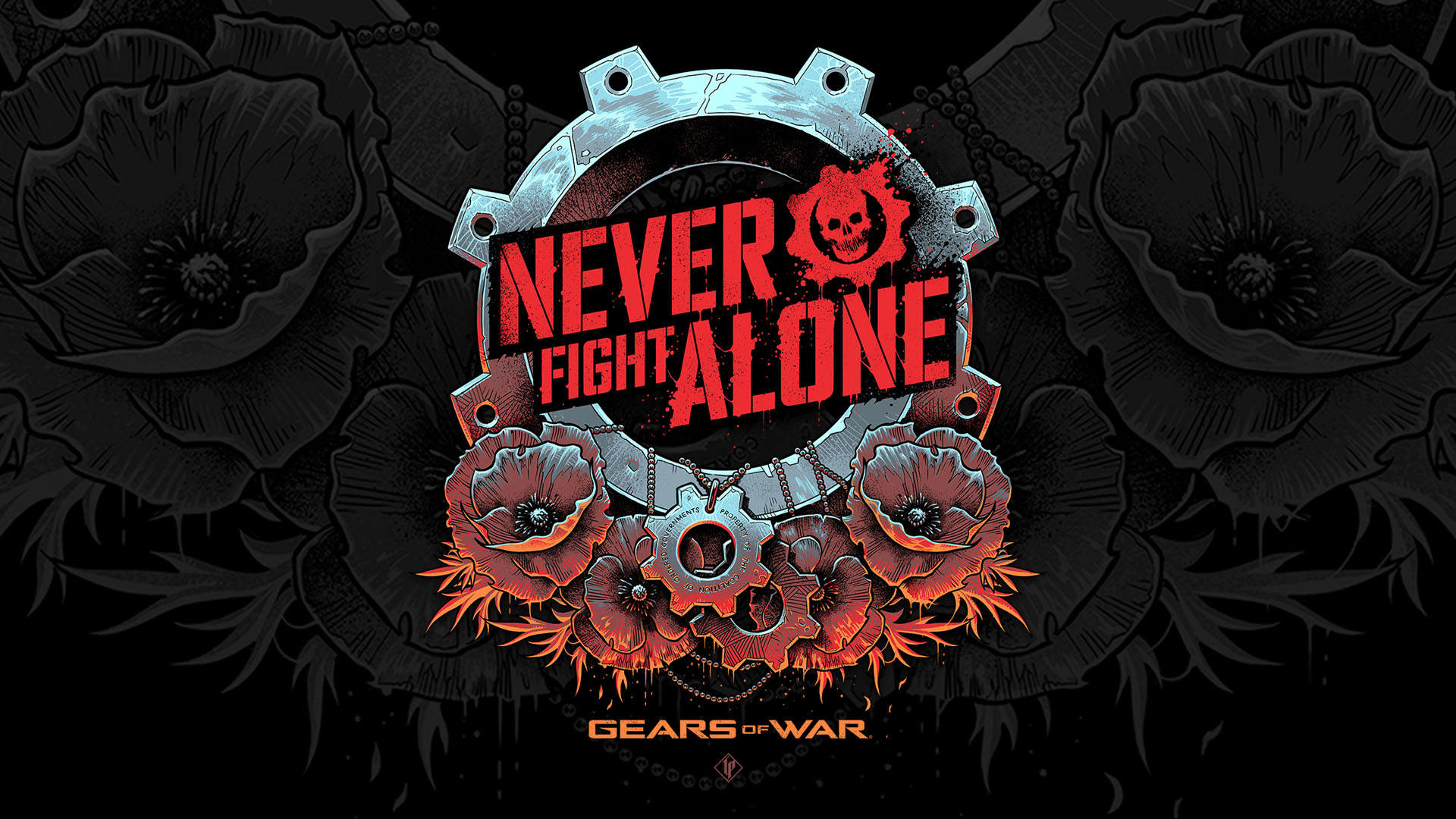A silver metal gear and red poppy flowers with the “Never Fight Alone” text in red and a red skull on a black textured background.