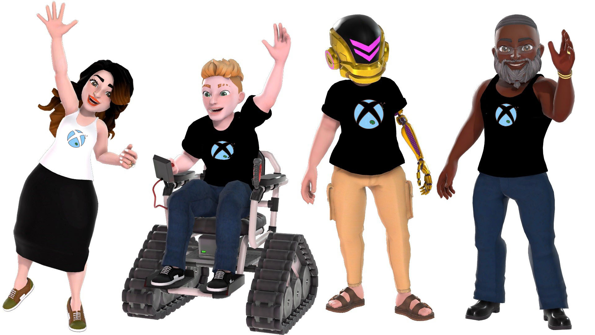 Four diverse avatar characters wearing shirts and tank tops featuring the cartoon stylized Xbox sphere with a blue pond background and green lily pad in honor or mental wellness.