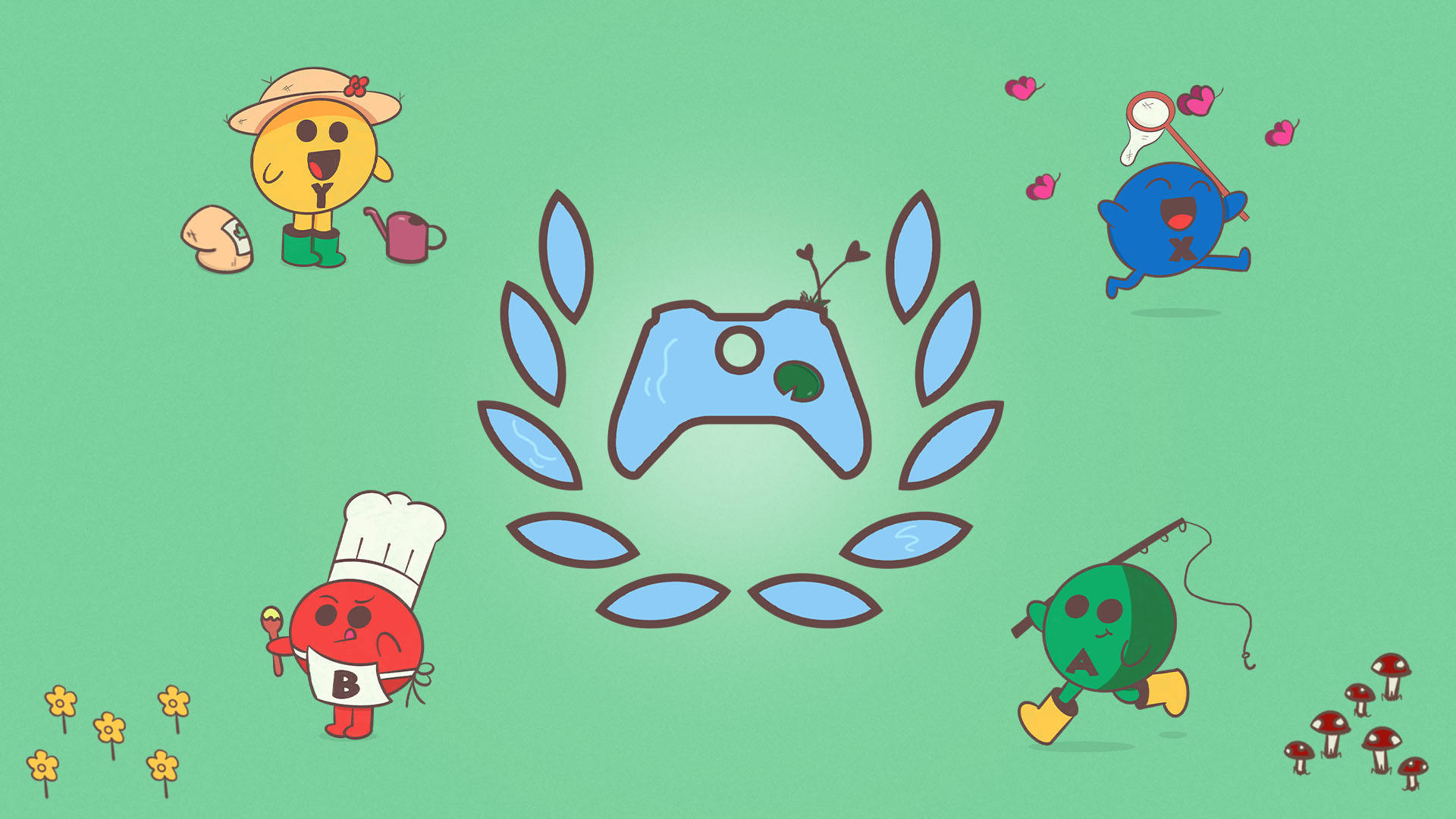 The Xbox Ambassadors controller and laurel leaf logo in a cartoon style with a blue pond background and a green lily pad surrounded by four button characters. The red “B” button is wearing a white chef hat and holding a wooden spoon, the yellow Y button has a bag of soil and a watering can, the blue “X” button is chasing pink butterflies with a net, and the green “A” button is holding a fishing pole.