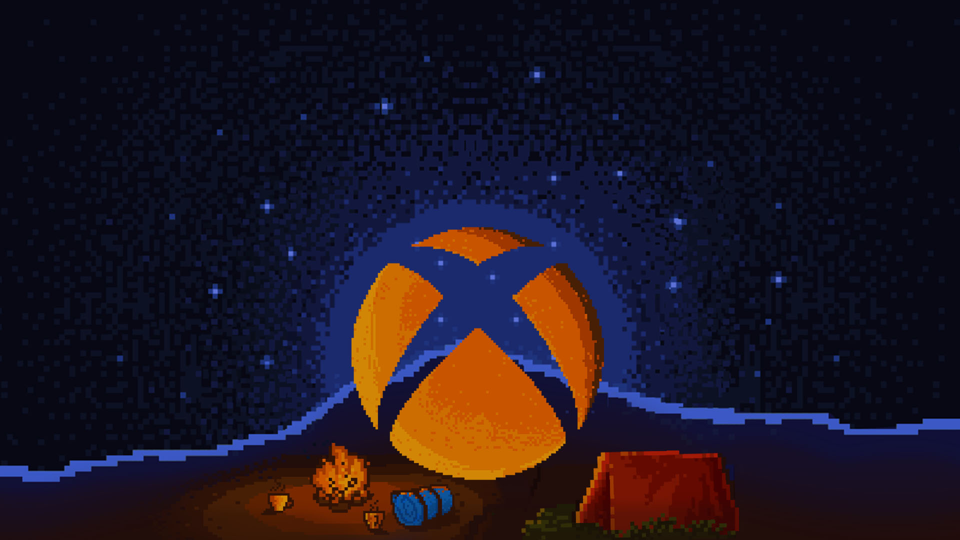 An orange Xbox sphere with an orange tent, campfire, two orange mugs, and a blue bed roll with a blue star-filled sky in the background in the style of retro 16-bit games.