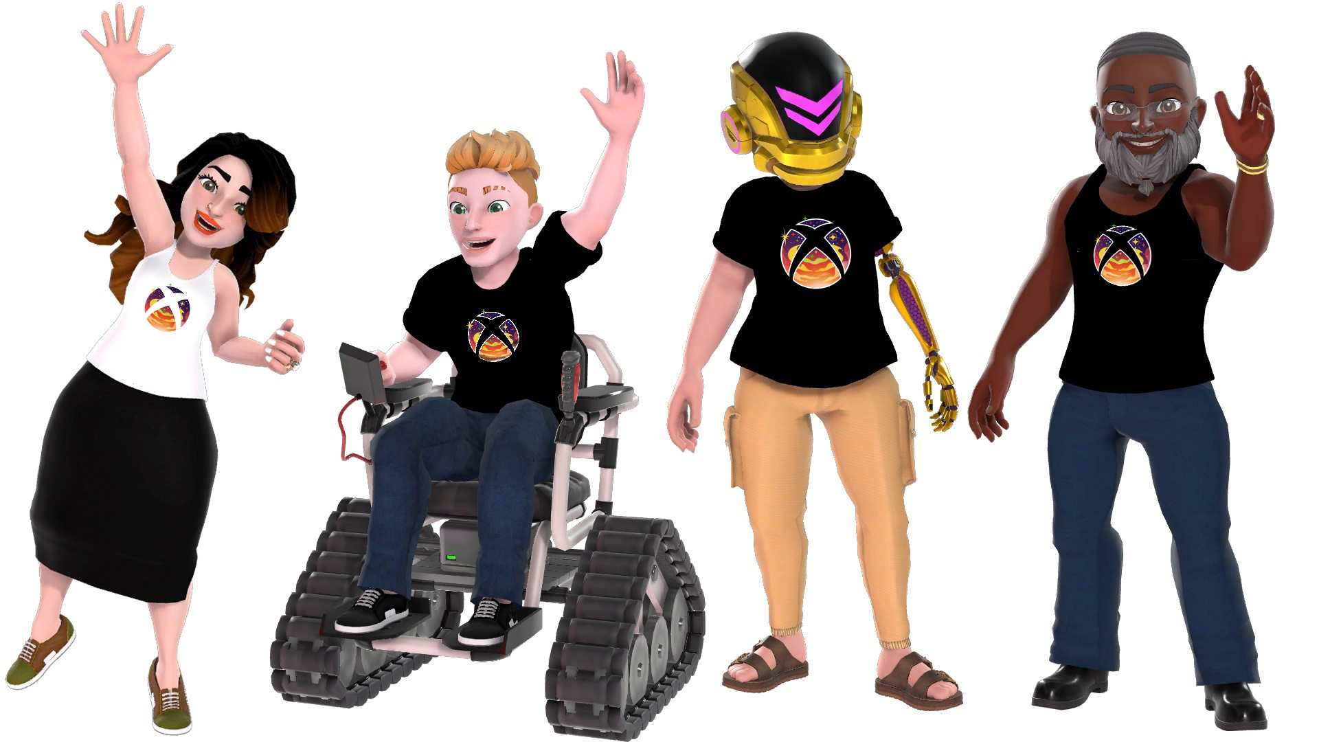 Four diverse avatar characters wearing the Xbox sunset nexus on their tops in celebration of Black History Month.