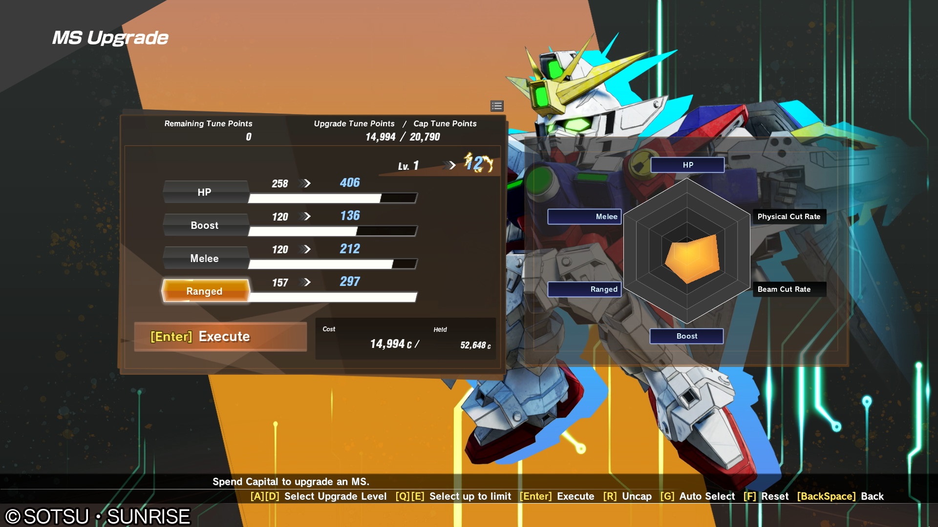 Screenshot of upgrade screen from SD Gundam Battle Alliance