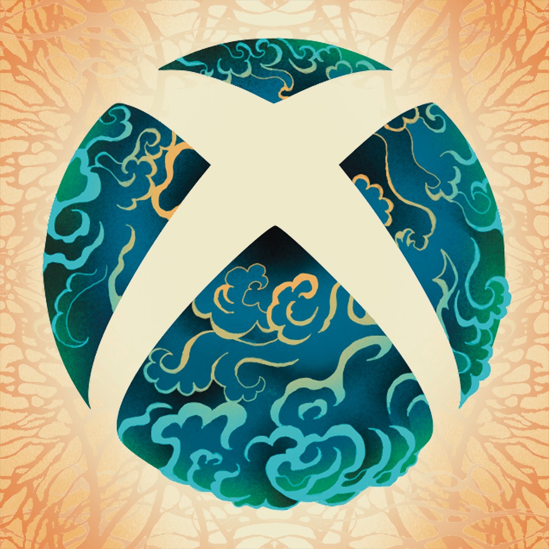 Stylized Xbox logo in celebration of Asian and Pacific Islander Heritage Month featuring a sphere with blue water and a background with blue and orange abstract structures with a root-like appearance.
