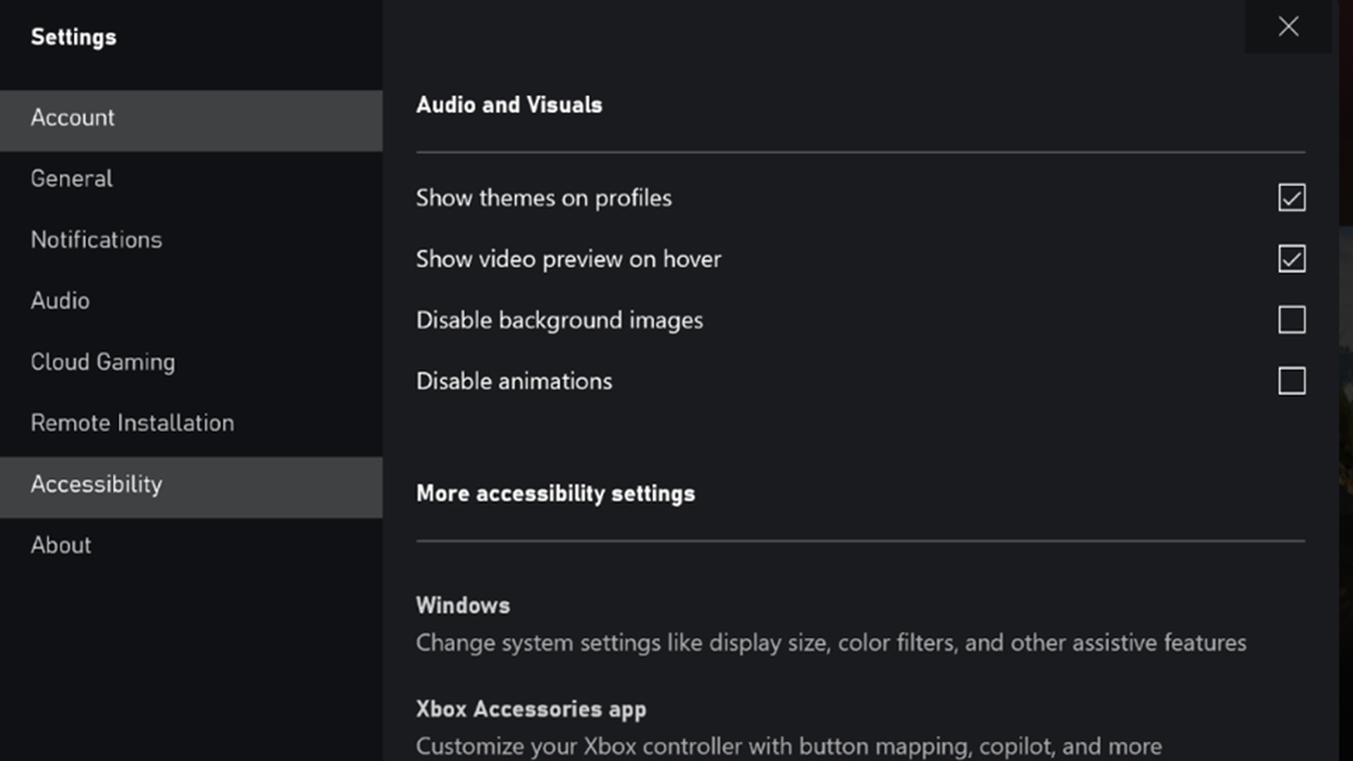 A screenshot of the new Xbox App on PC accessibility settings menu, depicting the ability to Disable background images and Disable animations.