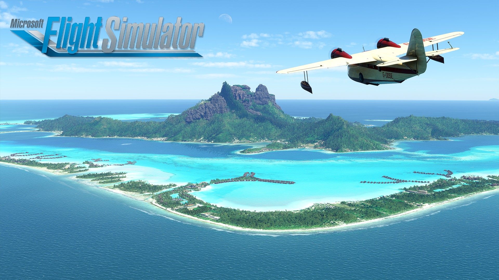 An aircraft flies over Bora Bora in gameplay from Microsoft Flight Simulator.