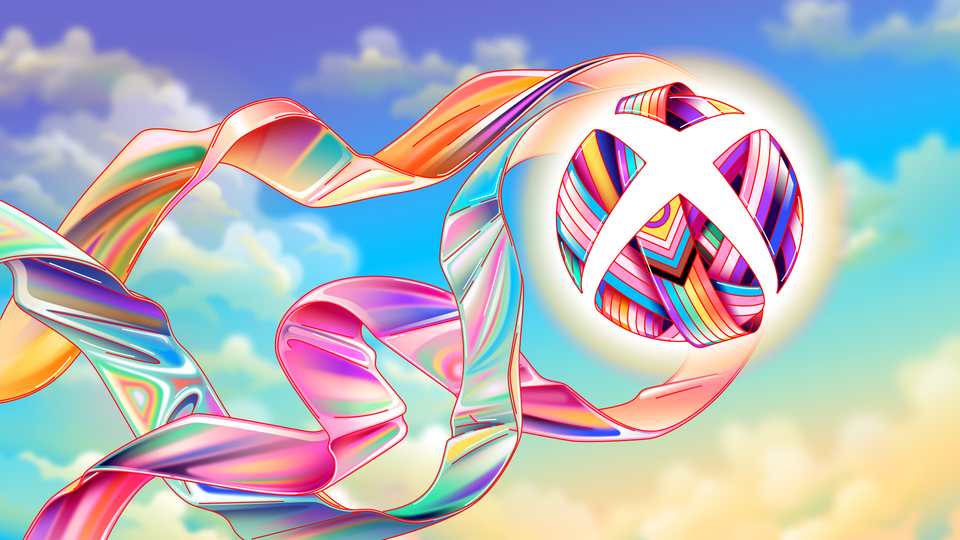 Stylized Xbox logo in support of Pride including colorful trailing ribbons wrapping around the sphere on a pastel sky background.