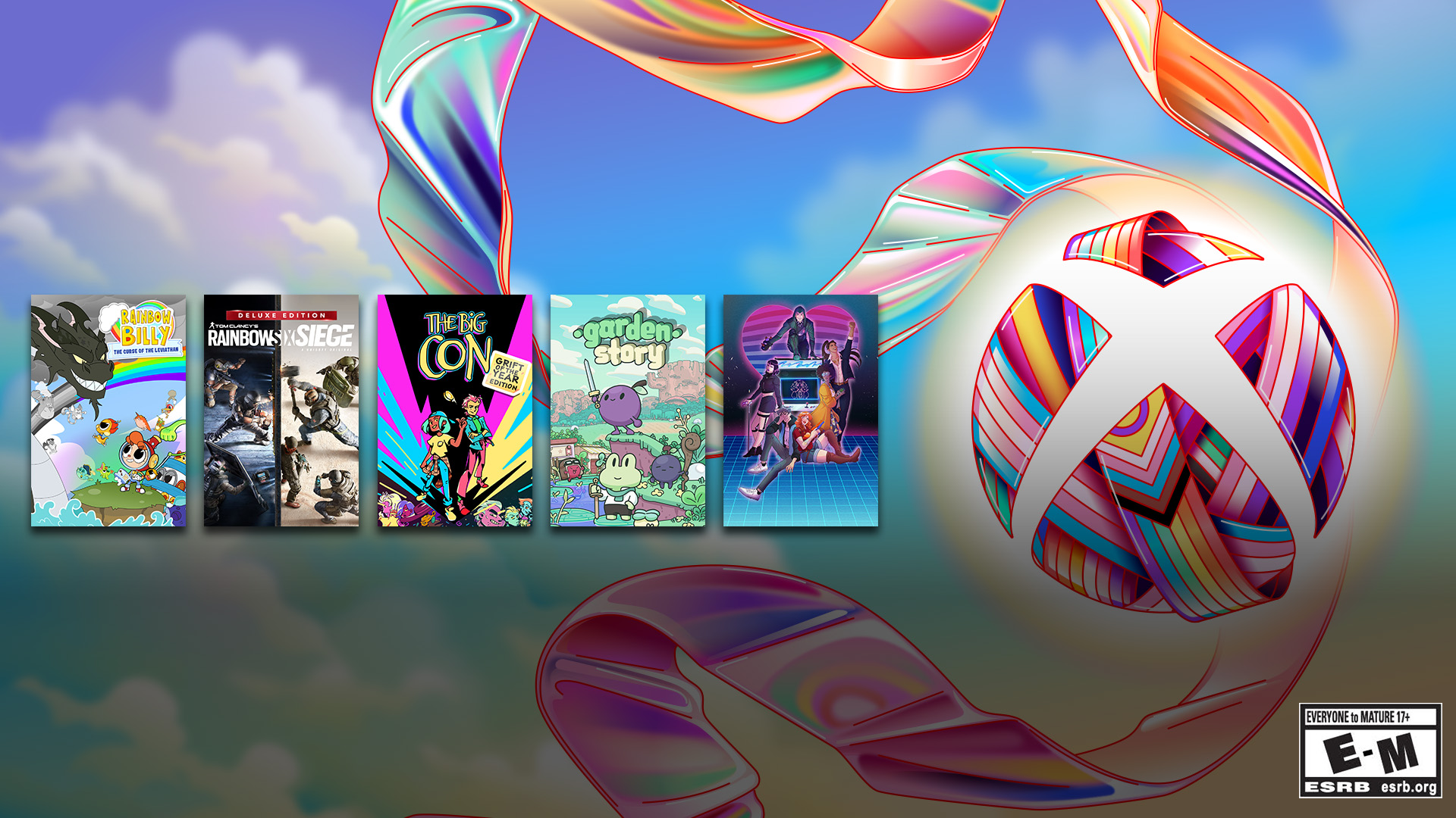 Compilation image featuring box art for Rainbow Billy: The Curse of Leviathan, Tom Clancy’s Rainbow Six Siege, The Big Con, Garden Story, and Arcade Spirits: The New Challengers with the stylized Xbox ribbon ball logo in the background.