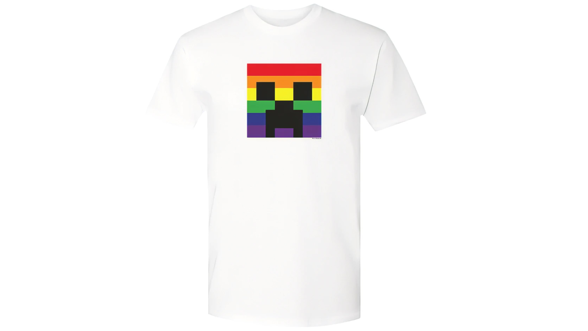 White t-shirt with a rainbow creeper face graphic.