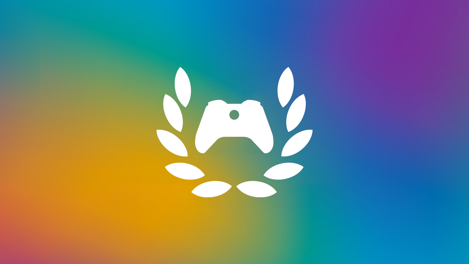 Xbox Ambassadors logo with white controller and laurel leaves set on a blurred rainbow background.